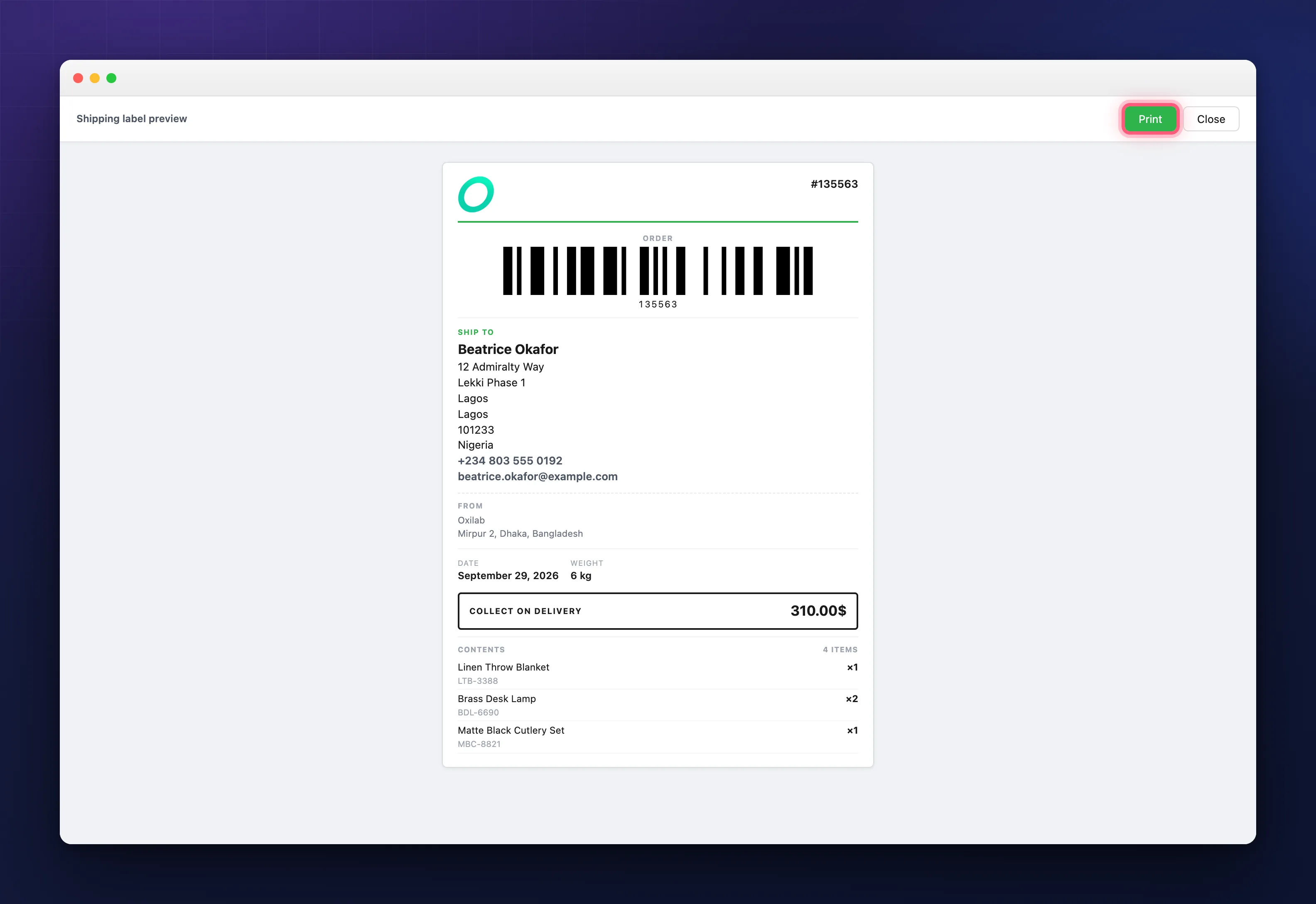 WooCommerce shipping label with barcode, delivery address and collect on delivery amount