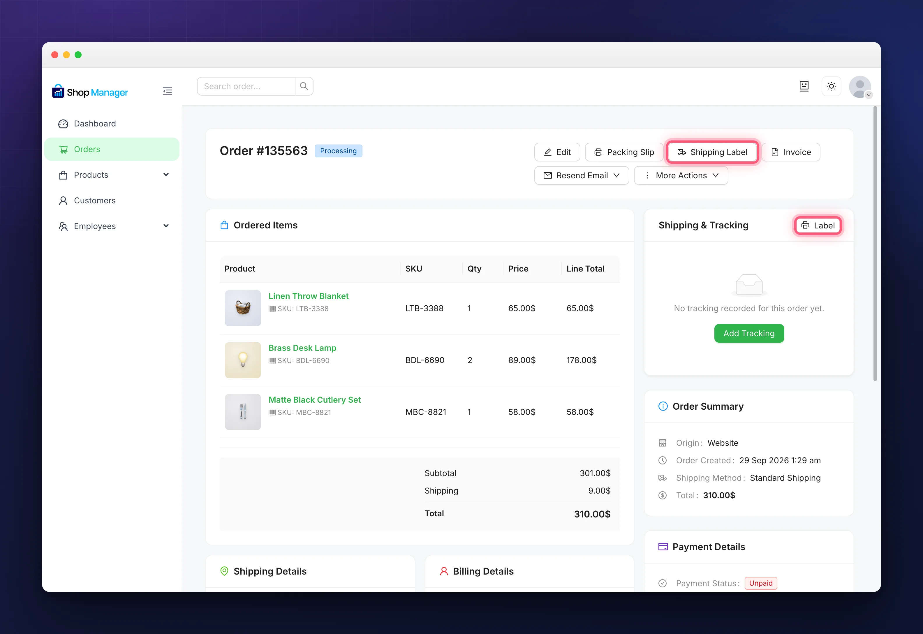 Shipping Label and Label buttons for a WooCommerce shipping label on the order page