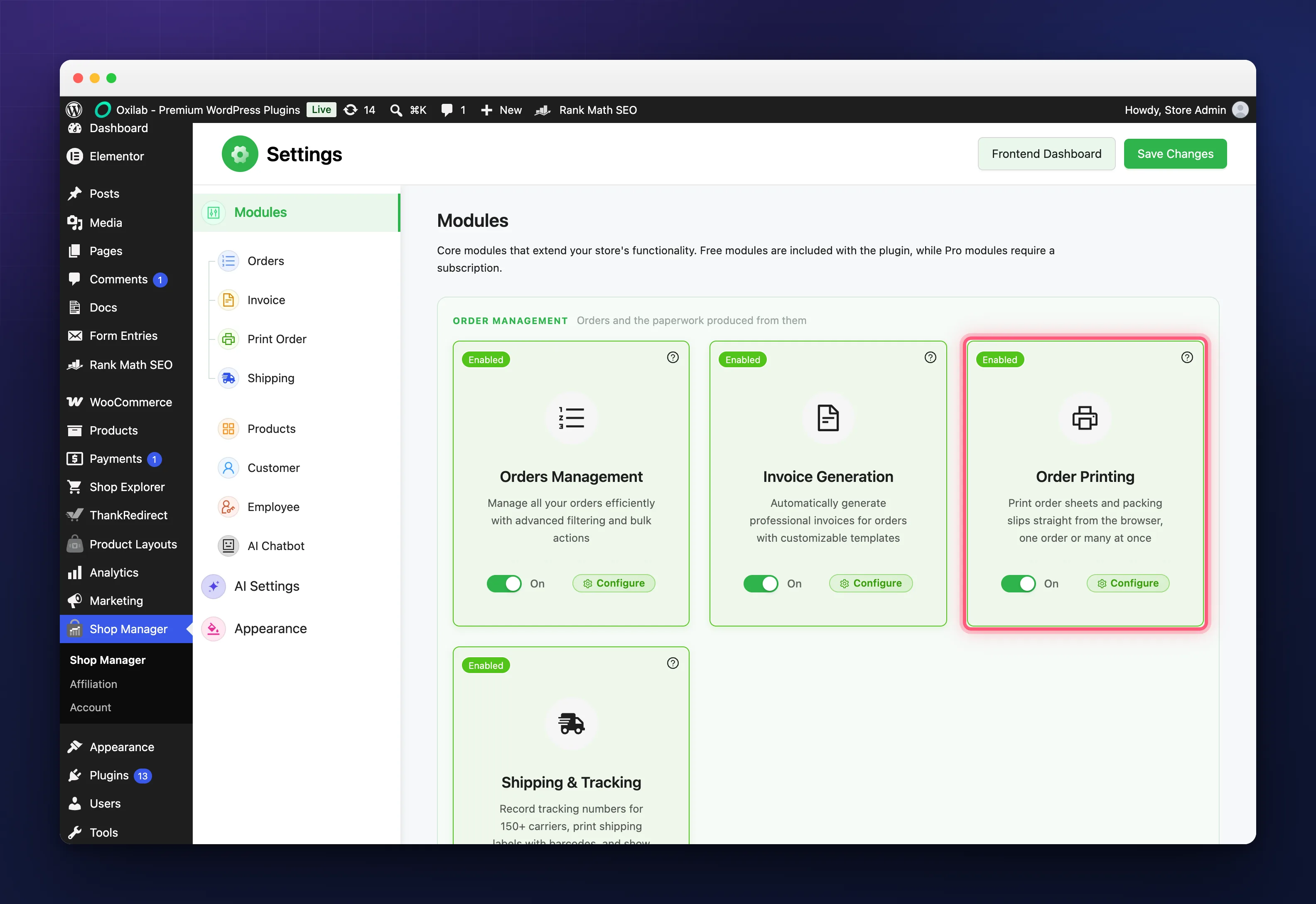 One module card with its Enabled badge, switch, Configure button and documentation icon