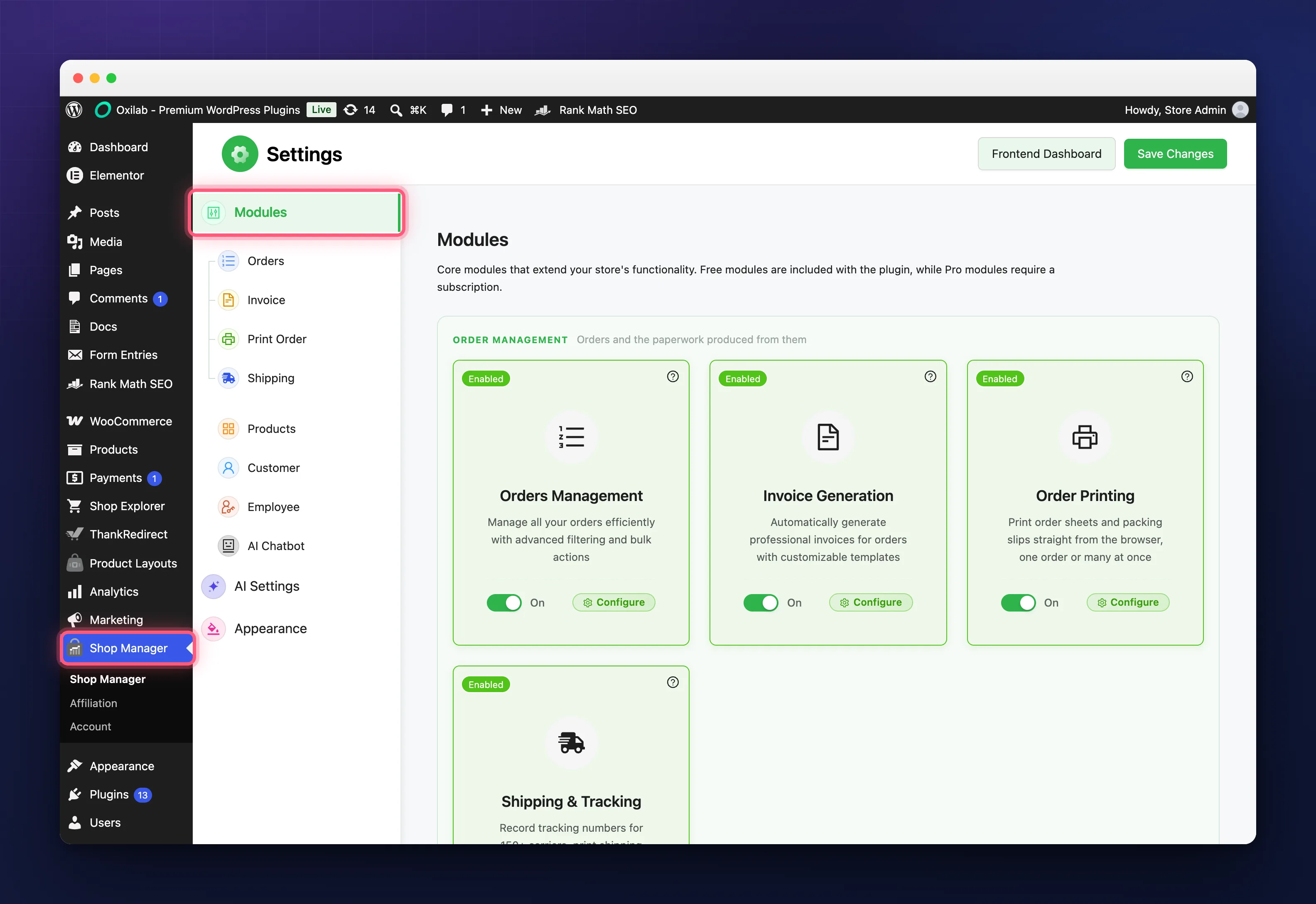 The Shop Manager modules tab with its cards and on and off switches
