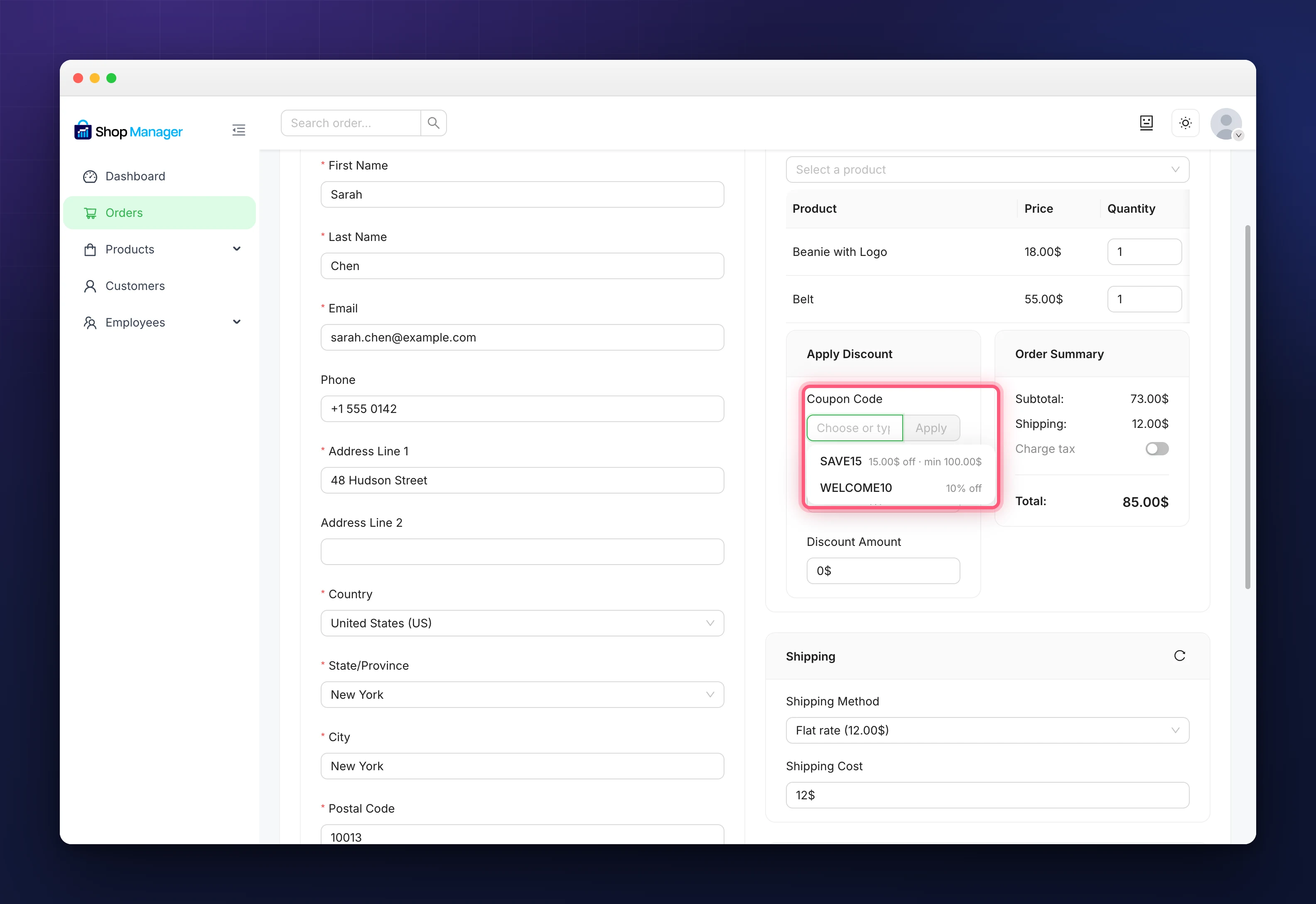 The Coupon Code box highlighted with its list open, showing SAVE15 at 15.00$ off with a 100.00$ minimum and WELCOME10 at 10% off
