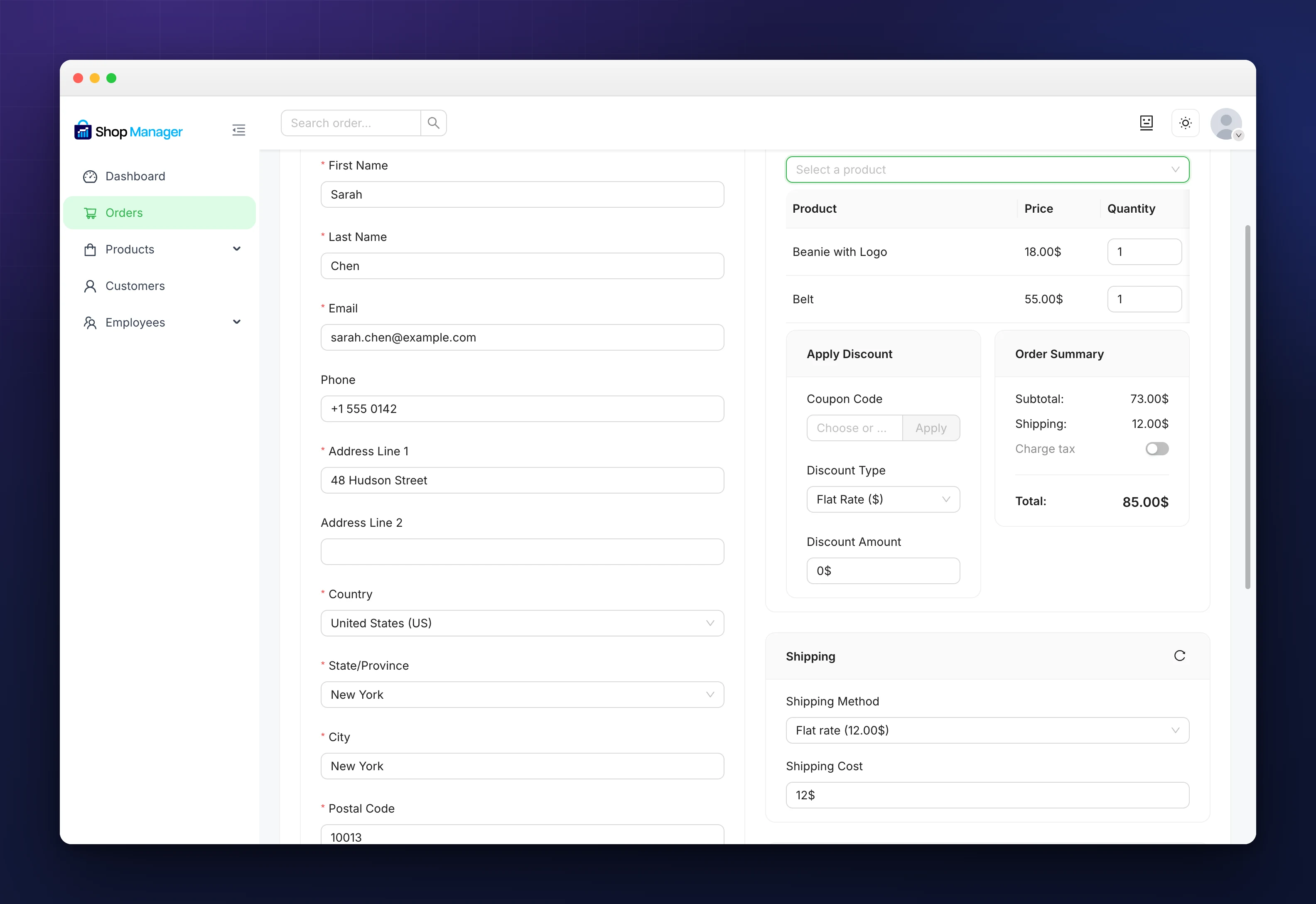 The Create New Order screen with Billing Address on the left and Order Items and Shipping on the right