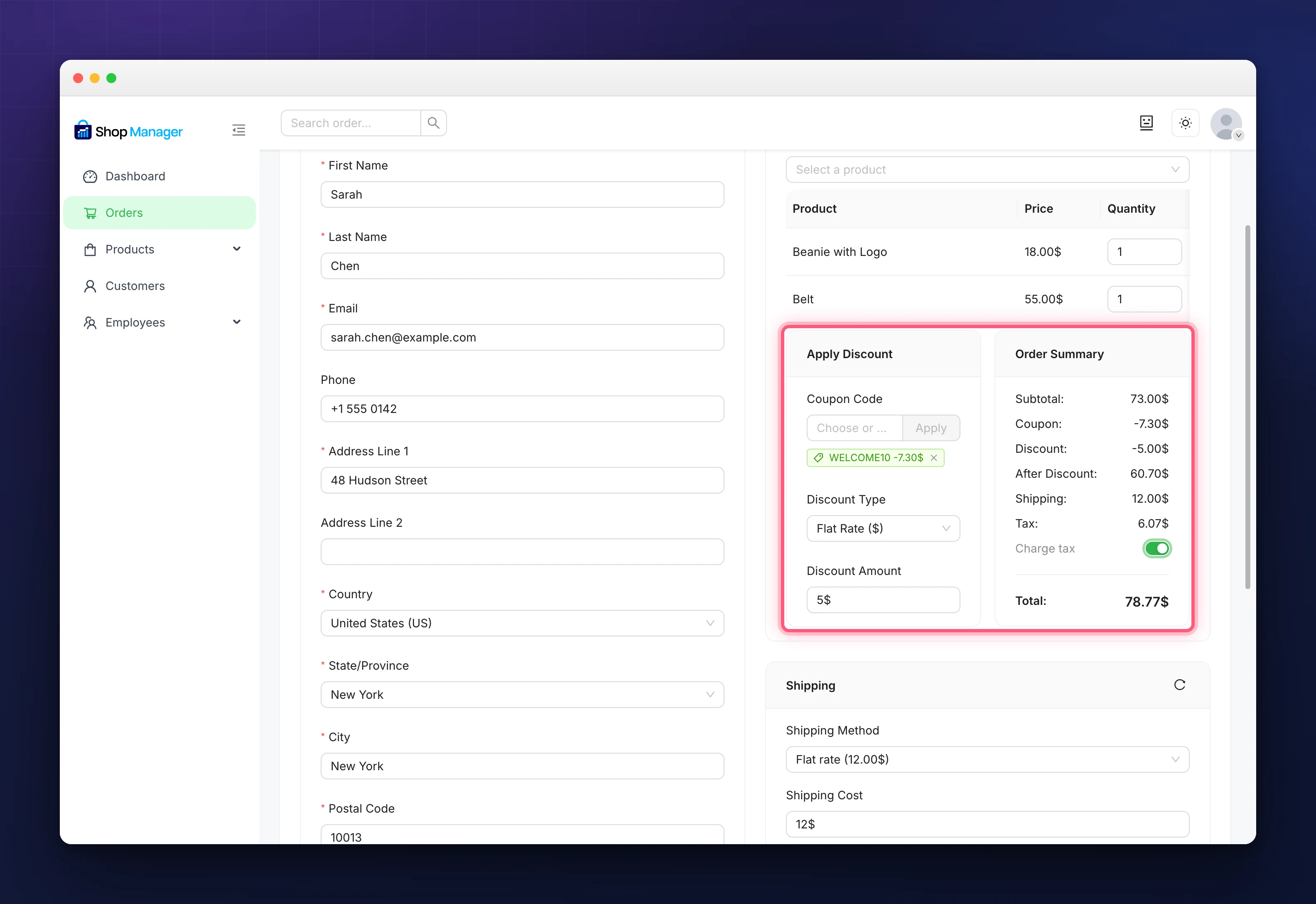 The Apply Discount and Order Summary panels highlighted, with a WELCOME10 coupon applied and the summary showing Subtotal, Coupon, Discount, After Discount, Shipping, Tax and Total