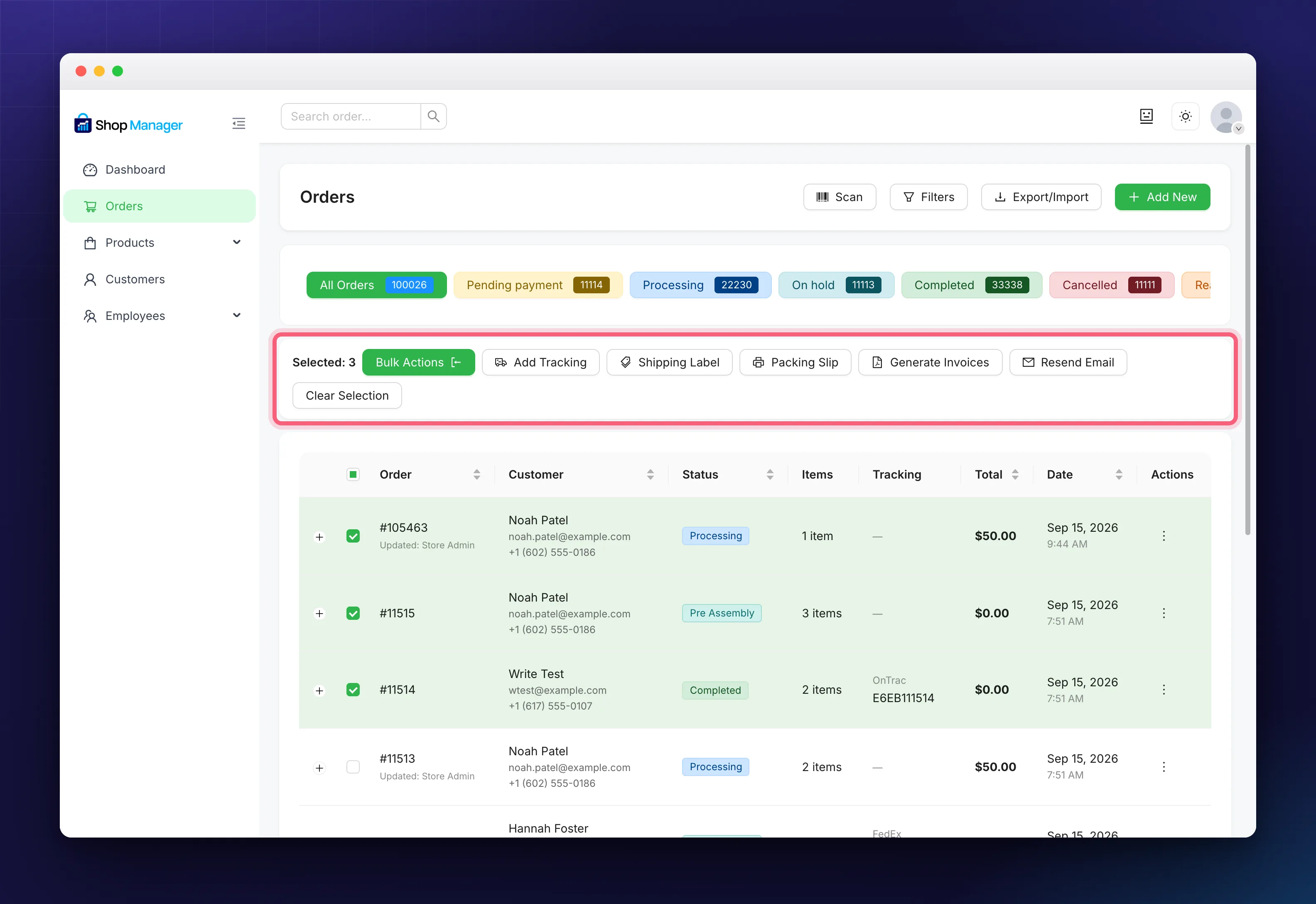Bulk actions bar for WooCommerce order management with three orders selected
