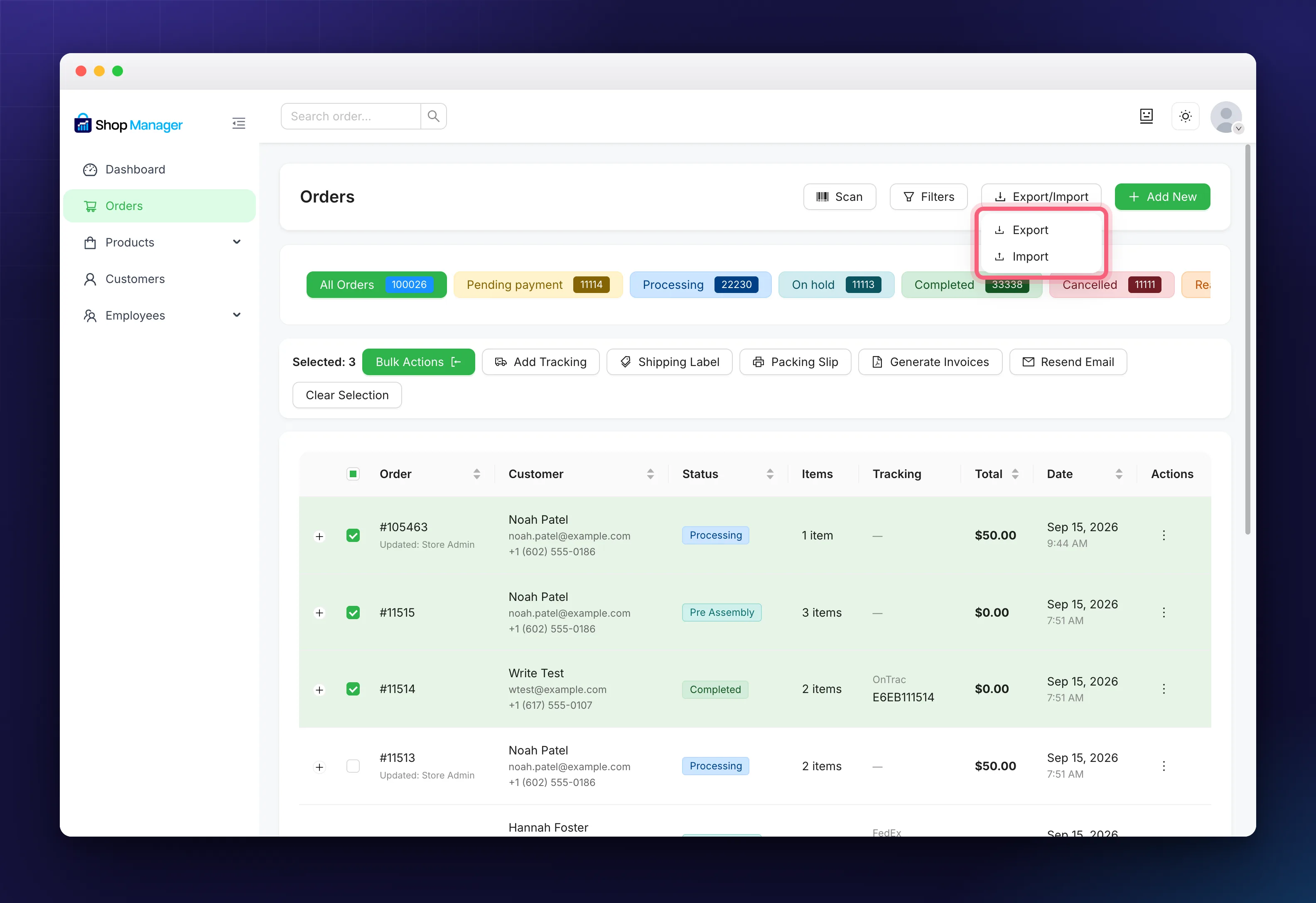 The Export and Import menu on the WooCommerce order management screen