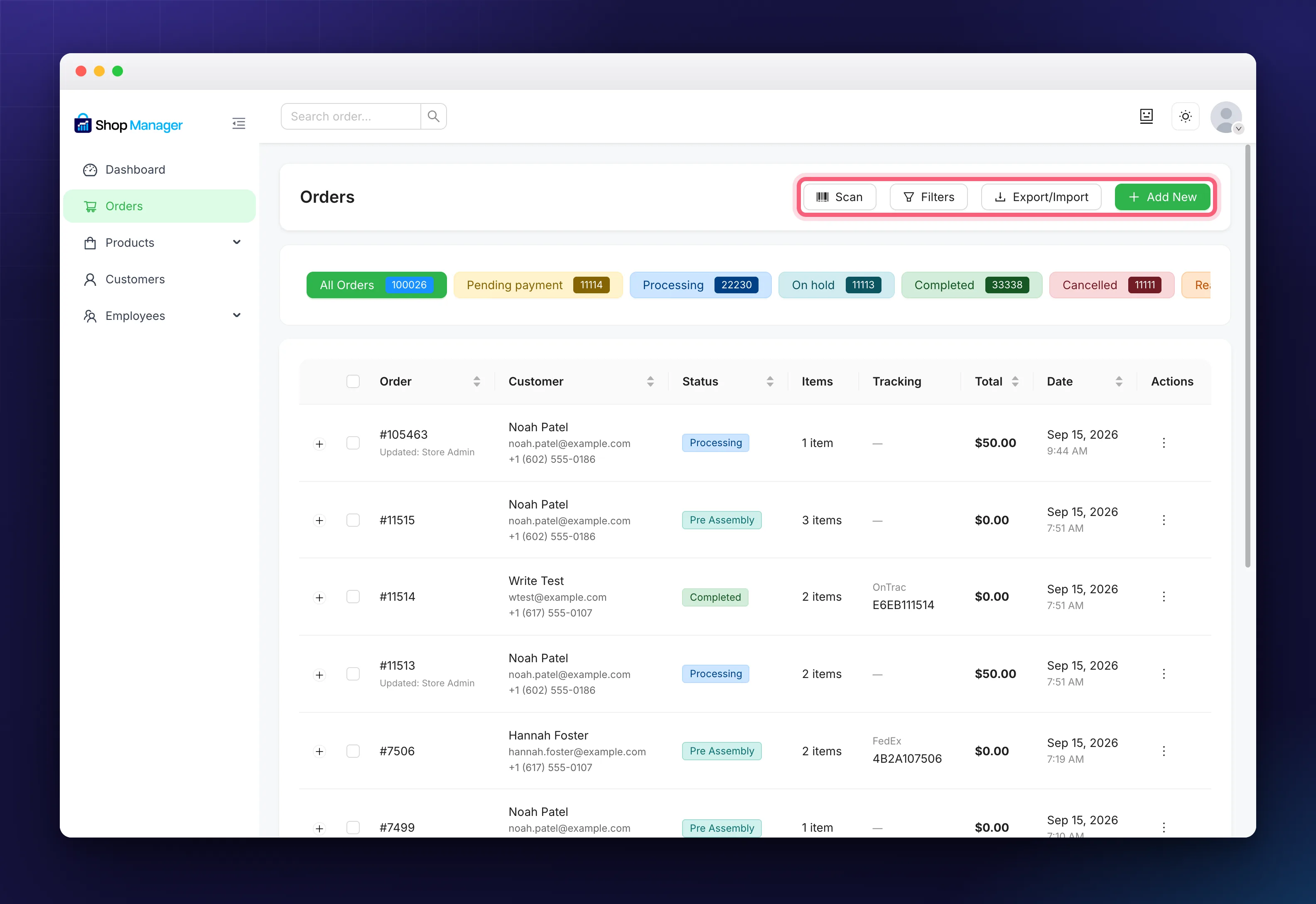 WooCommerce order management order list with the Scan, Filters, Export/Import and Add New buttons