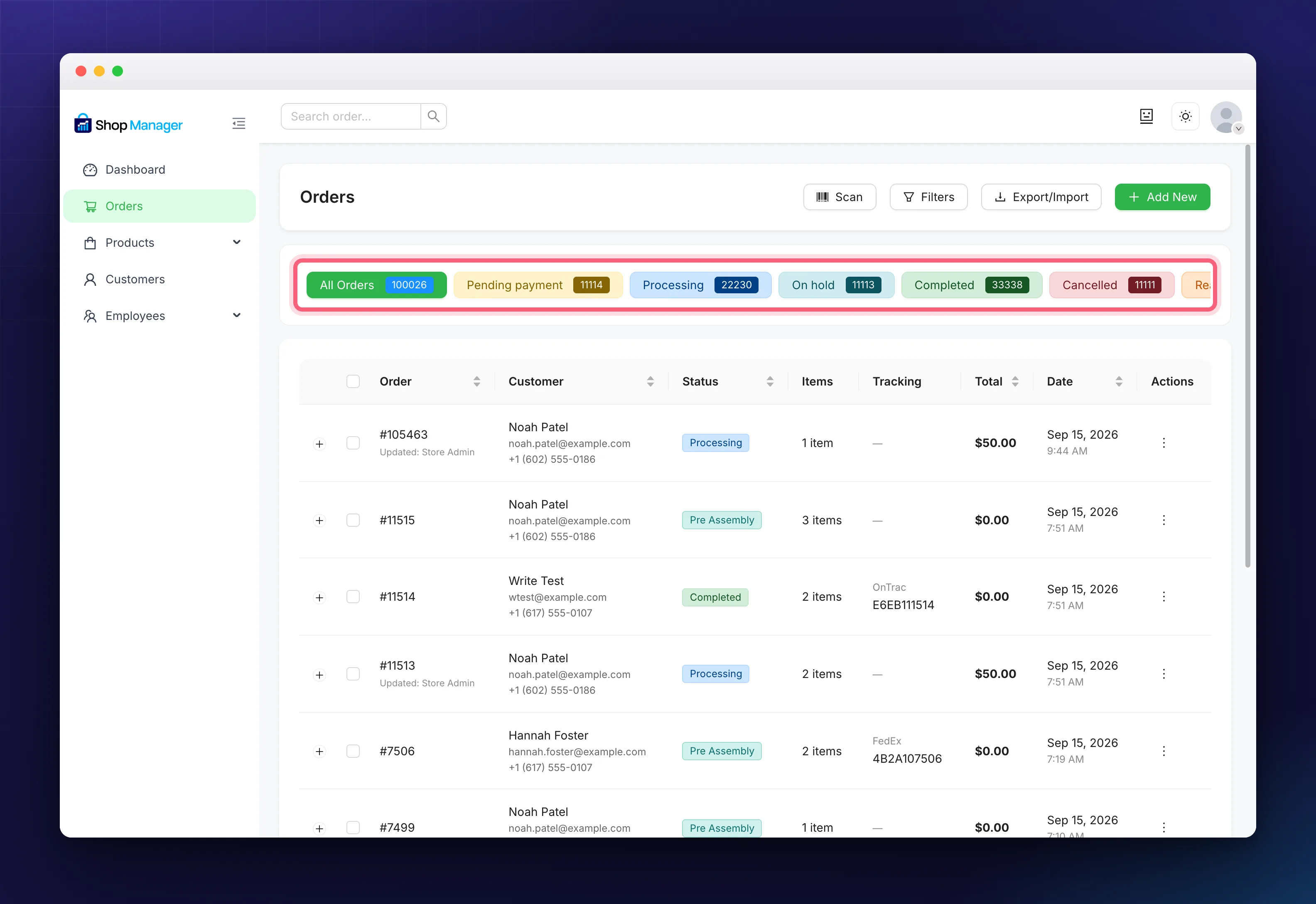 Status tabs with live order counts in WooCommerce order management