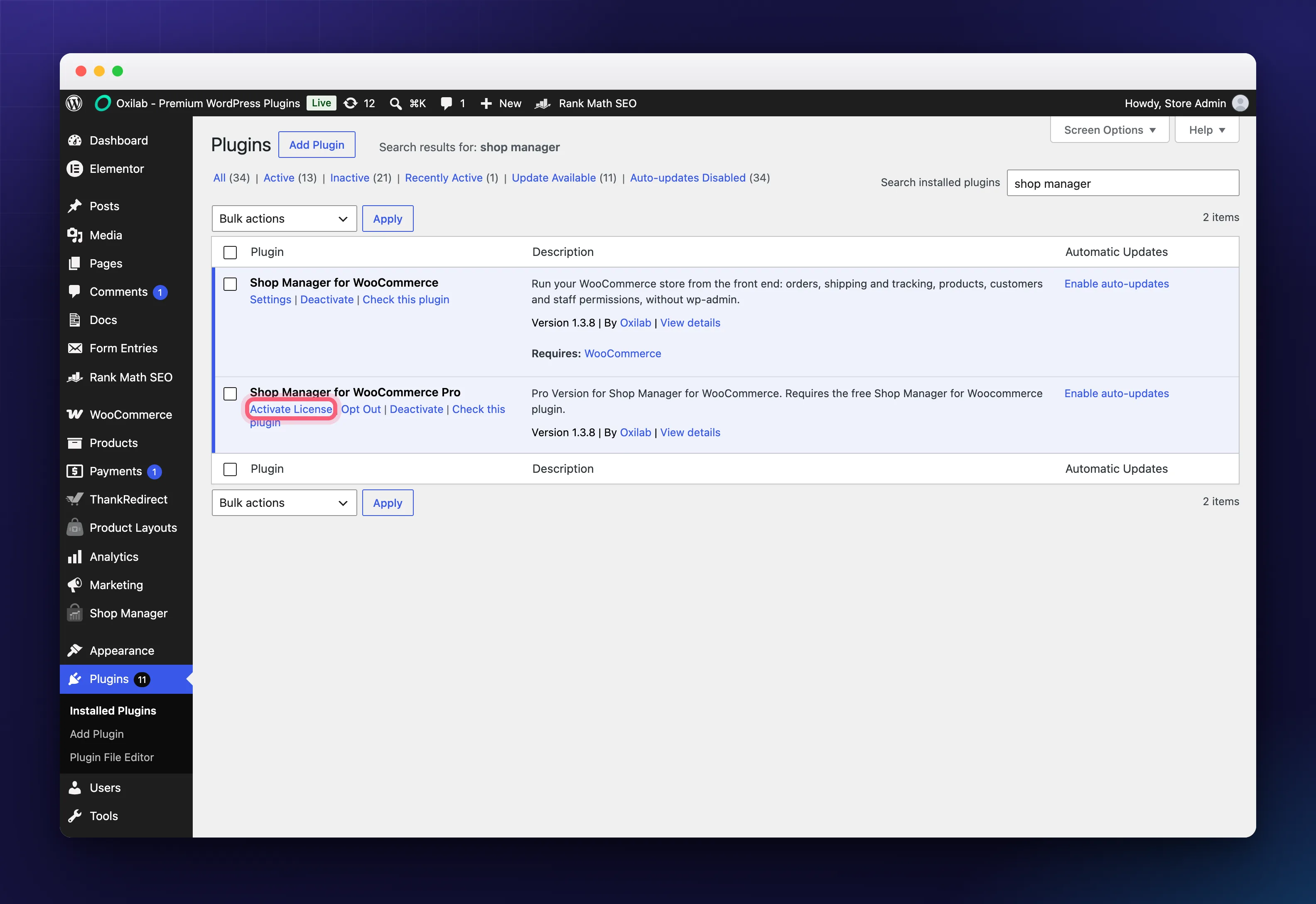 The Activate License link under Shop Manager for WooCommerce Pro on the Plugins screen