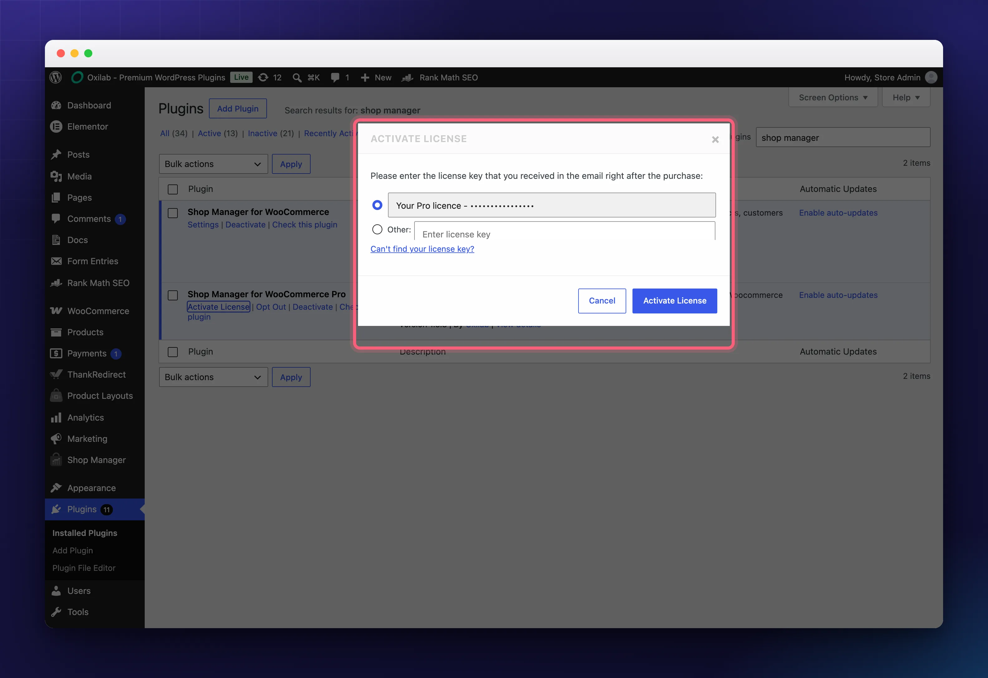 The Activate License box for Shop Manager Pro, with the key field