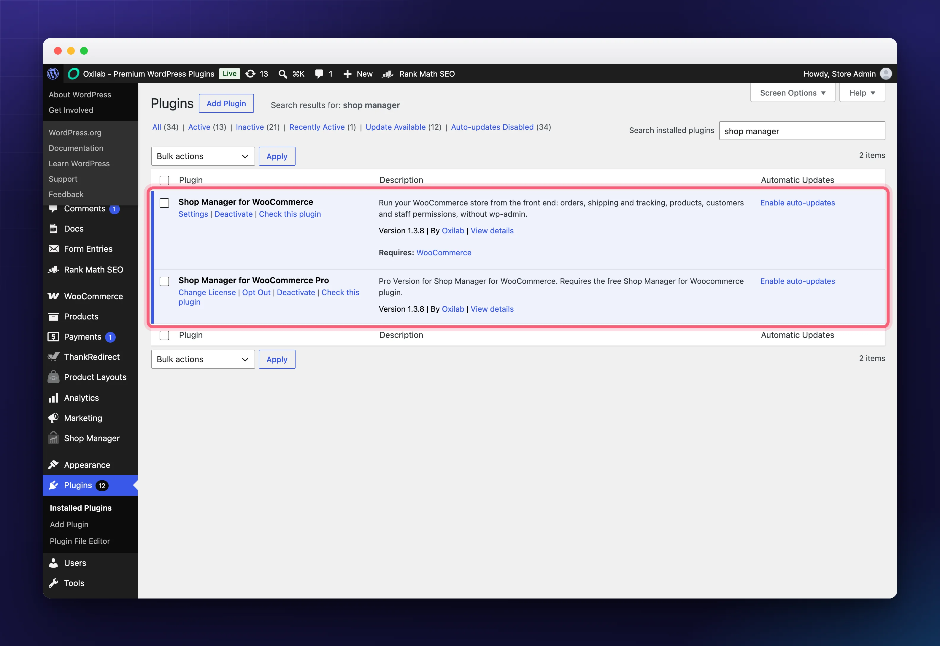 Shop Manager and Shop Manager Pro both listed as active plugins