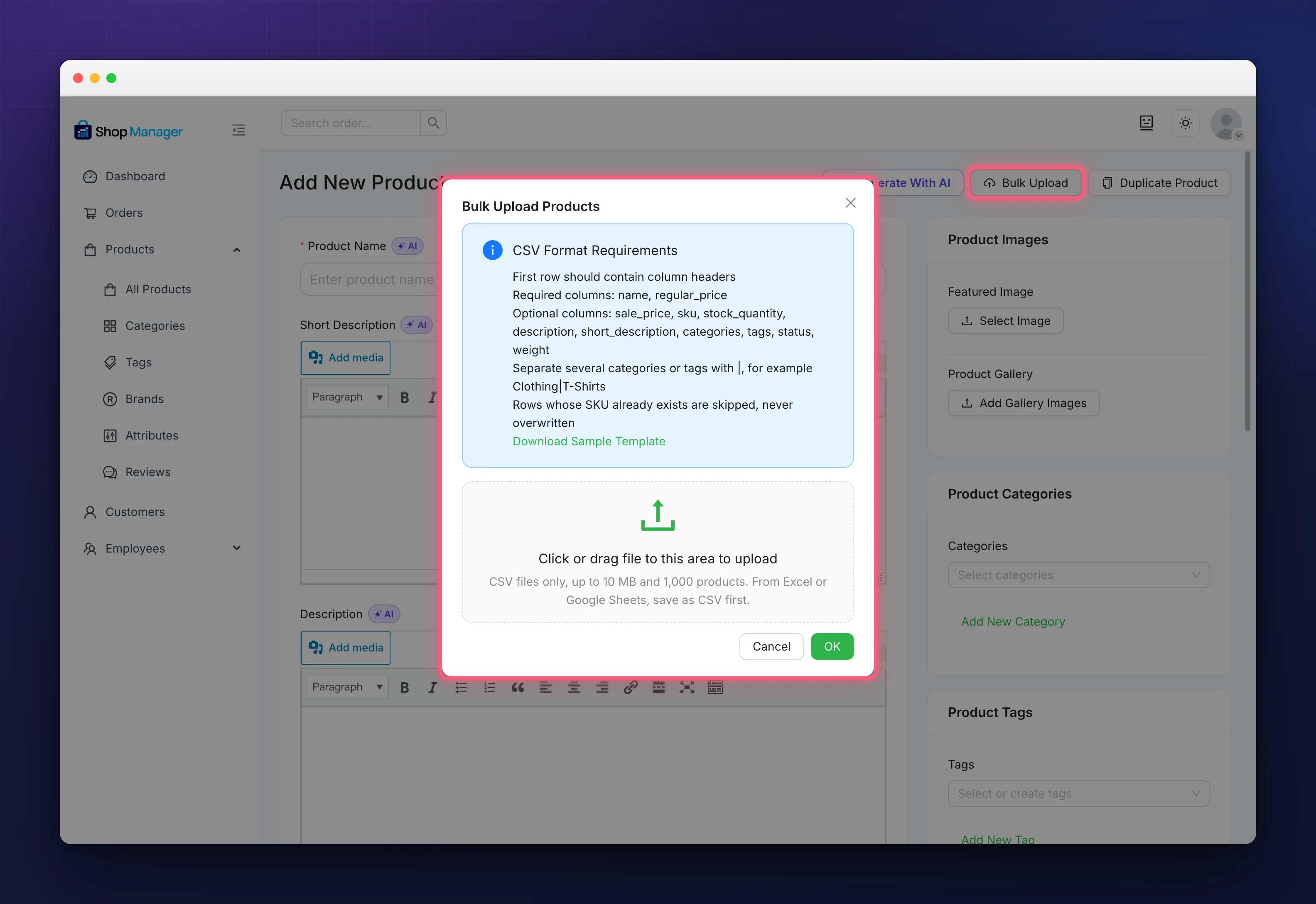 The Bulk Upload window on the add product form, with the CSV column rules and the drop area