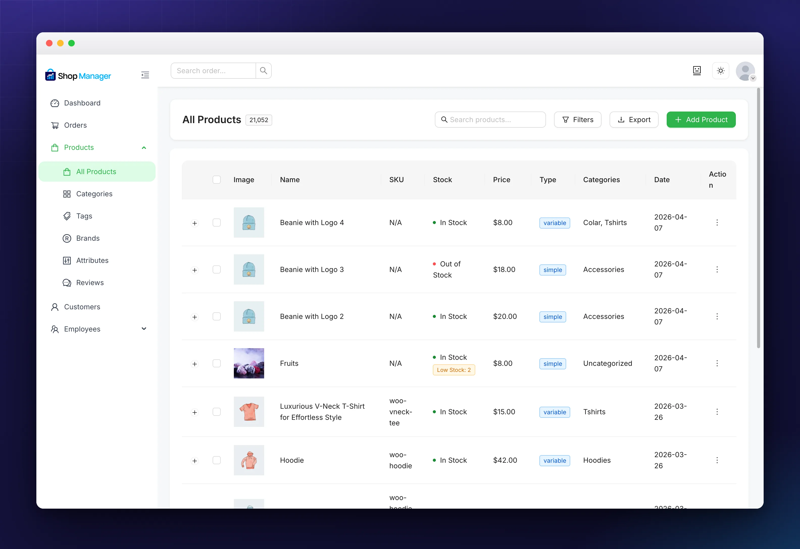 The All Products screen in Shop Manager