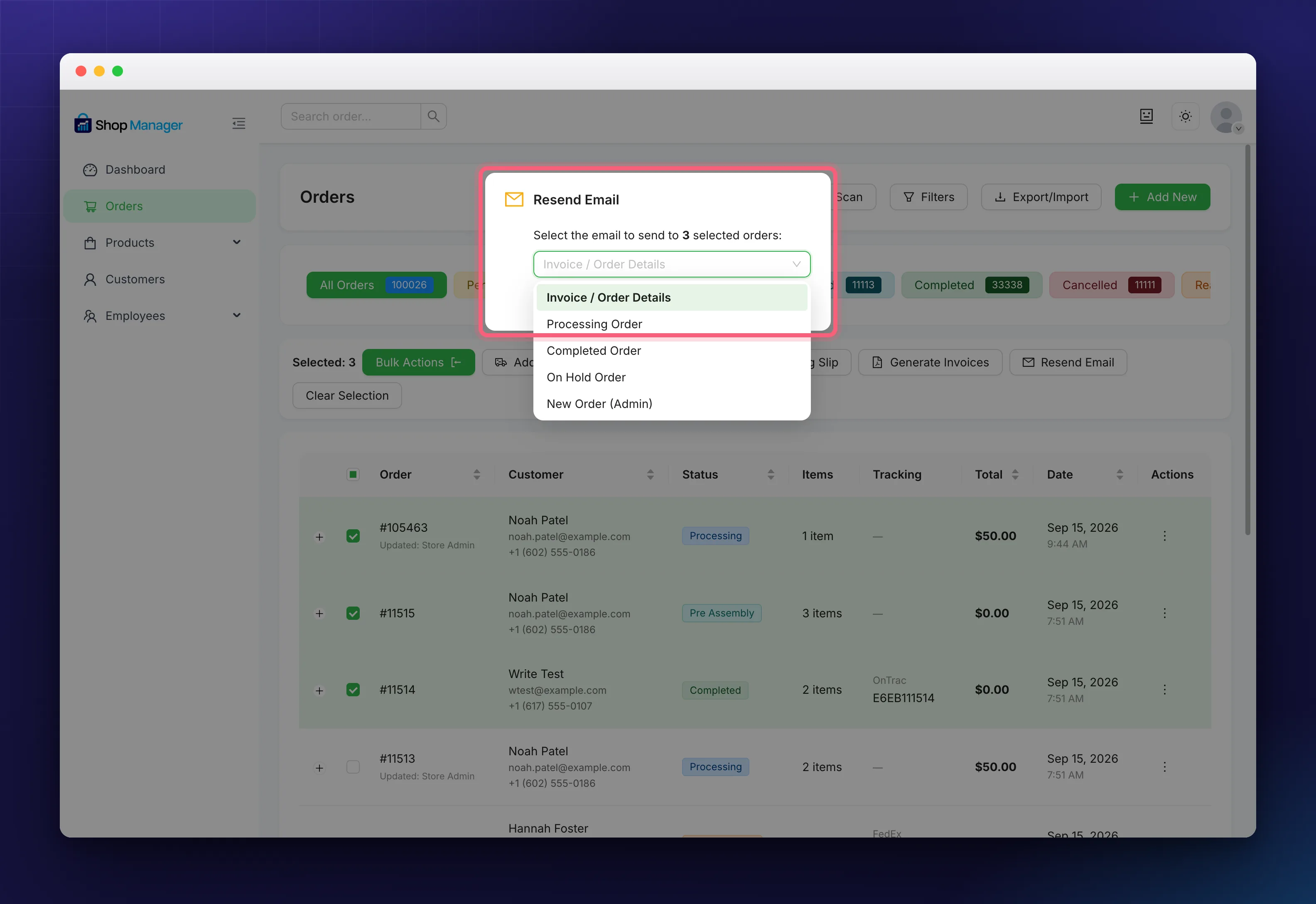 The bulk Resend Email box with the same five email types