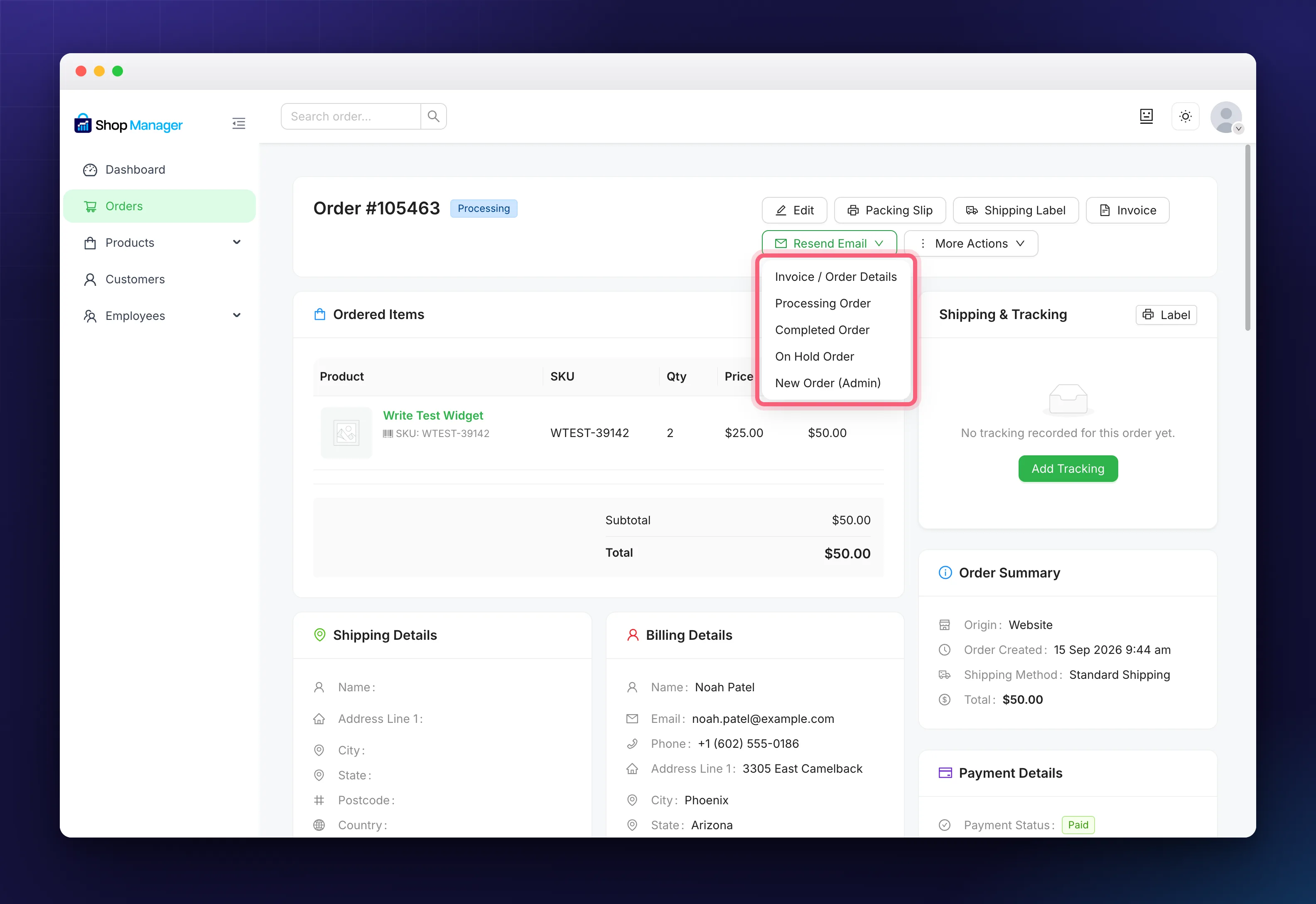 The Resend Email menu on an order, listing the five email types