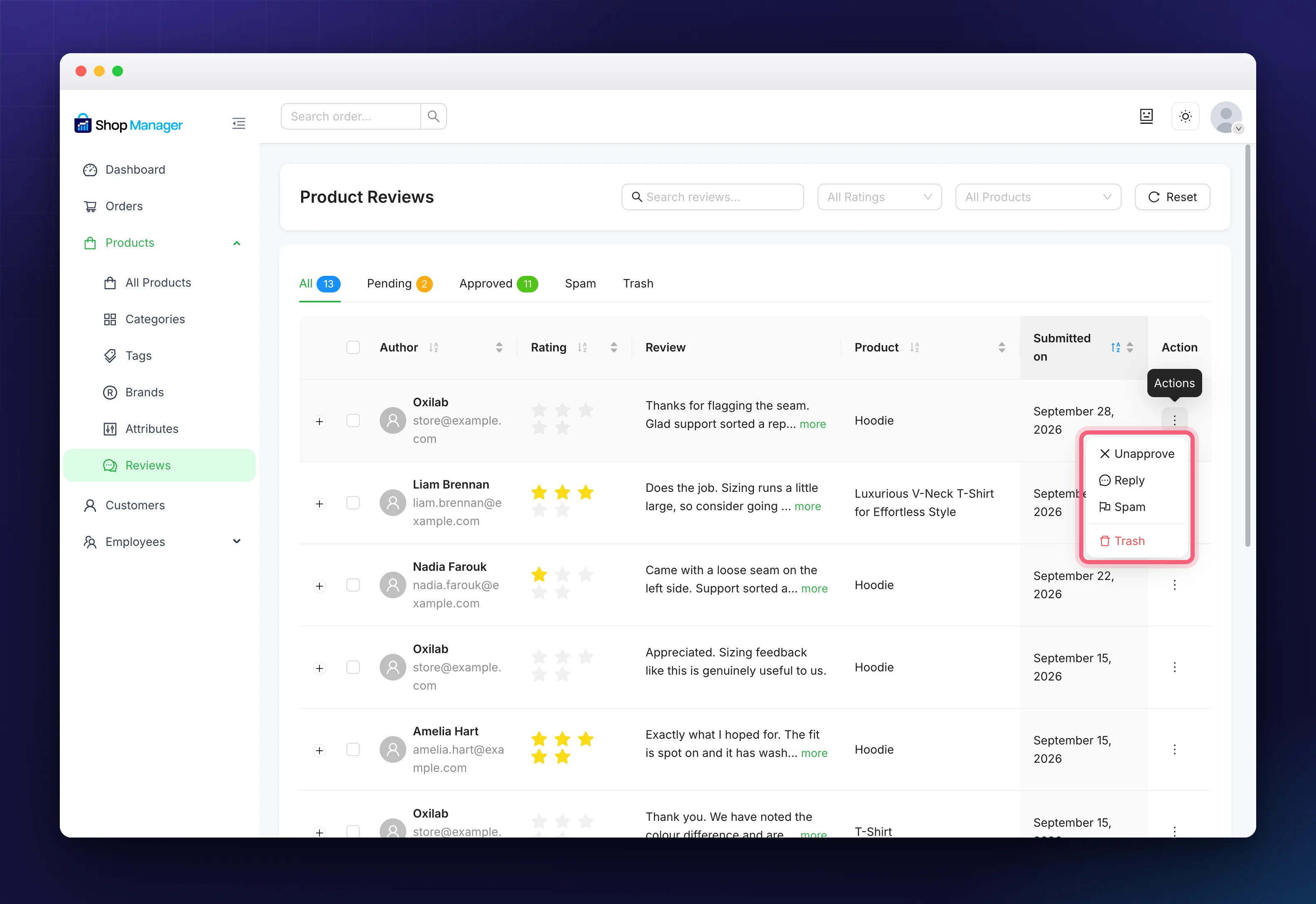 The actions menu on a review row