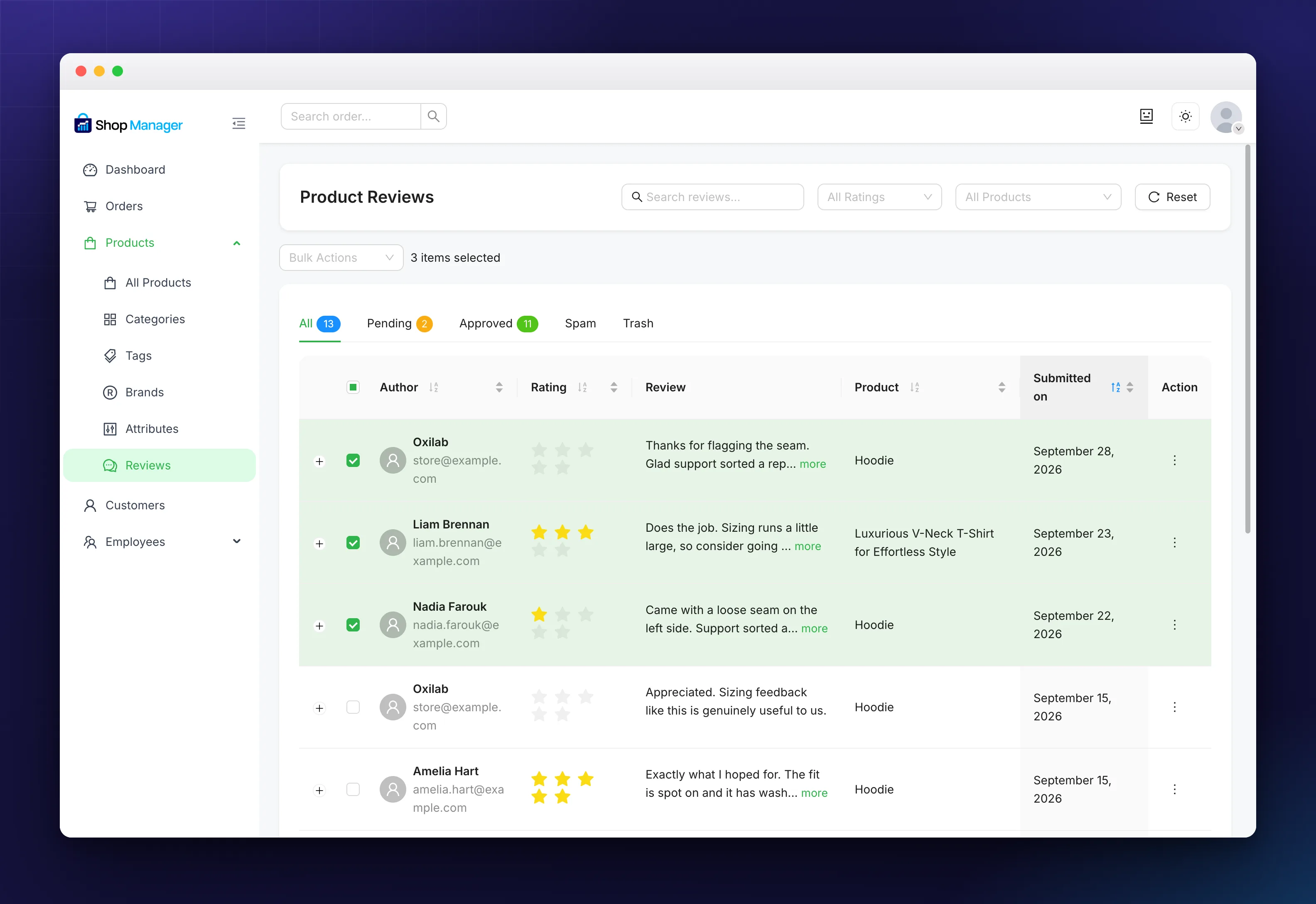 Three reviews selected with the Bulk Actions control above the list