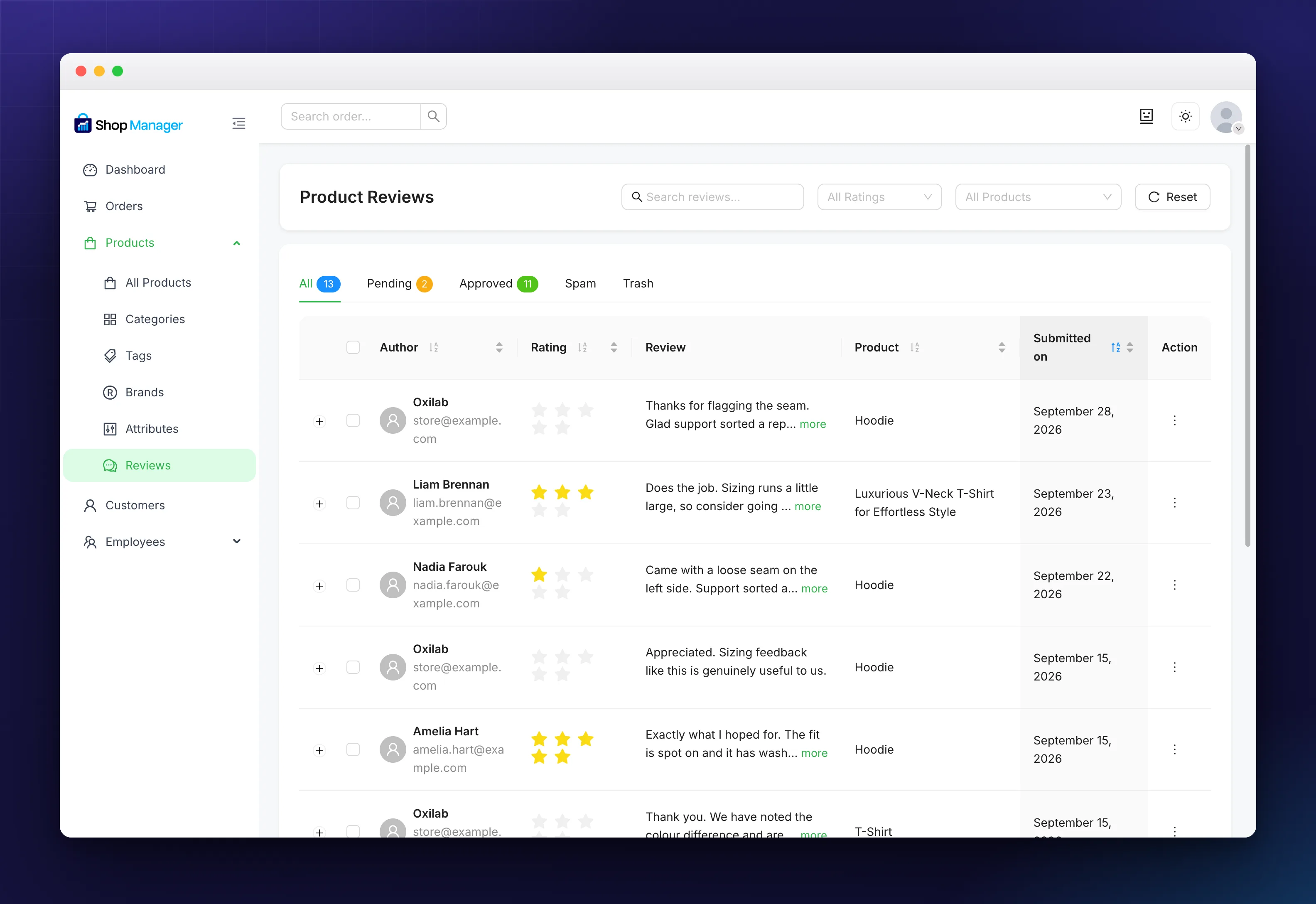 The product reviews screen with its status tabs and filters