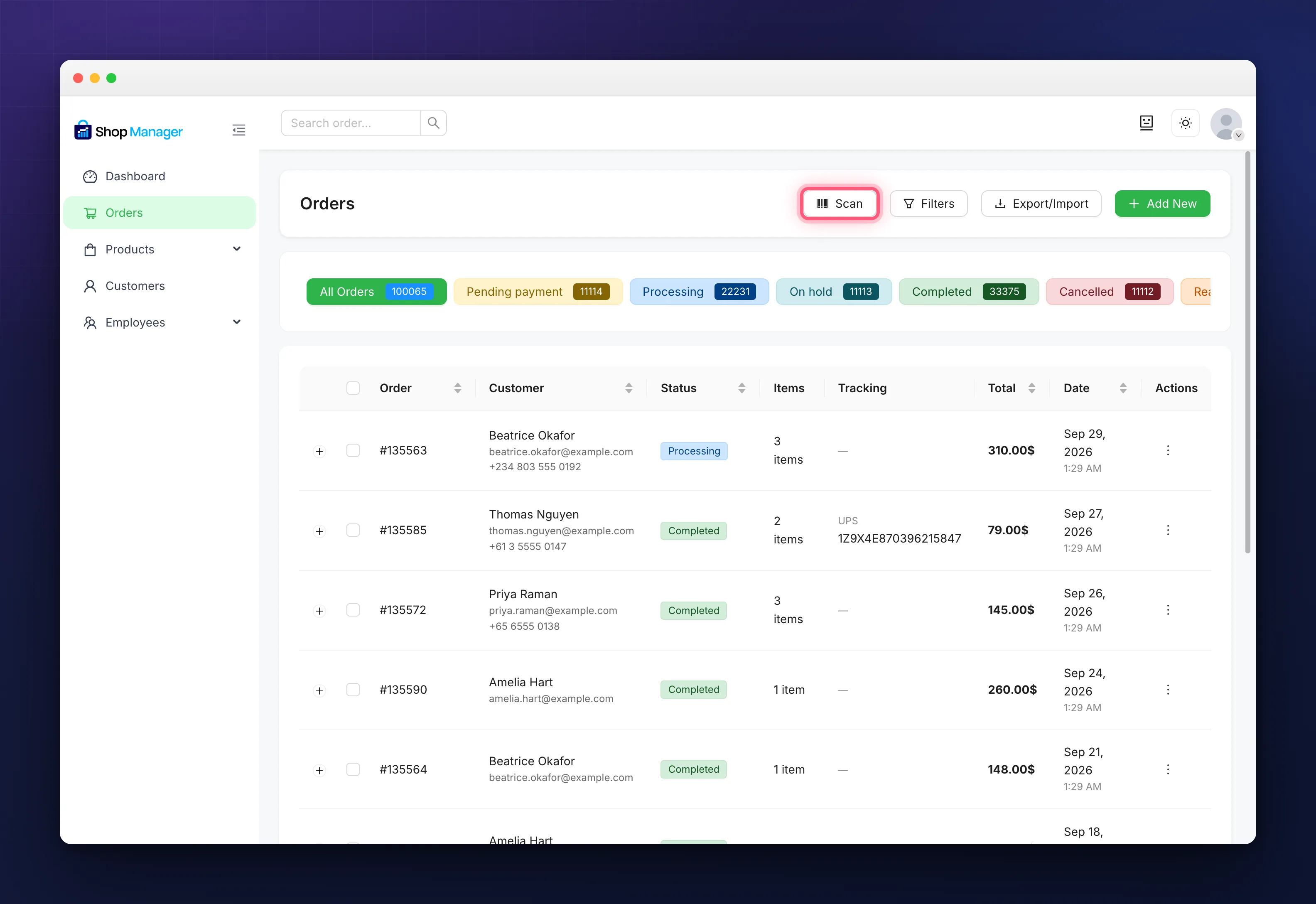 Scan button on the Orders page for barcode scanning for WooCommerce