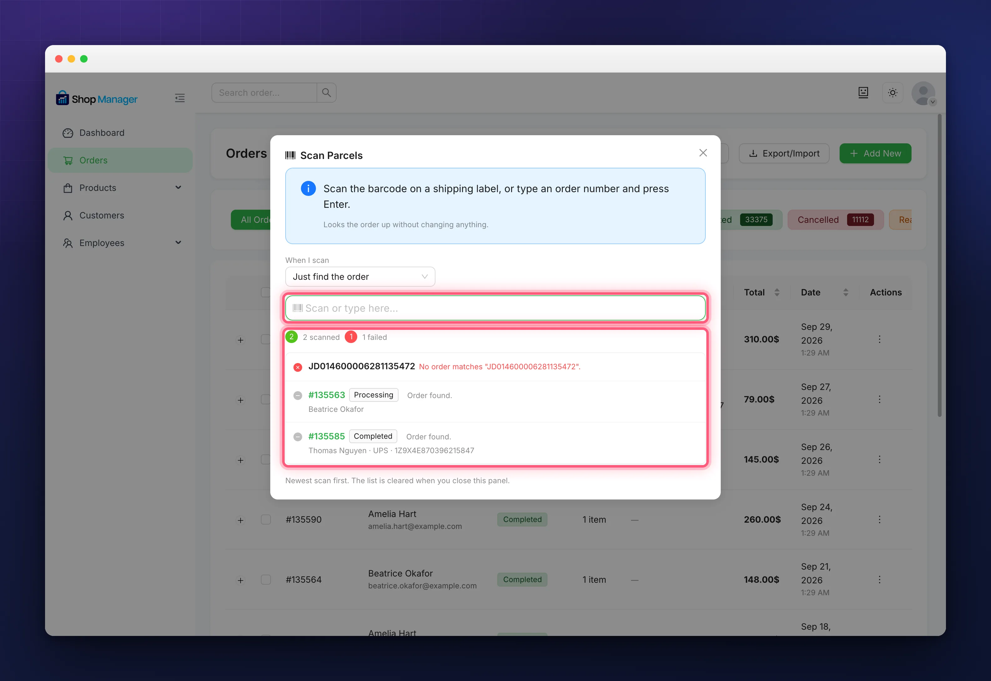 Scan Parcels panel with barcode scanning for WooCommerce results