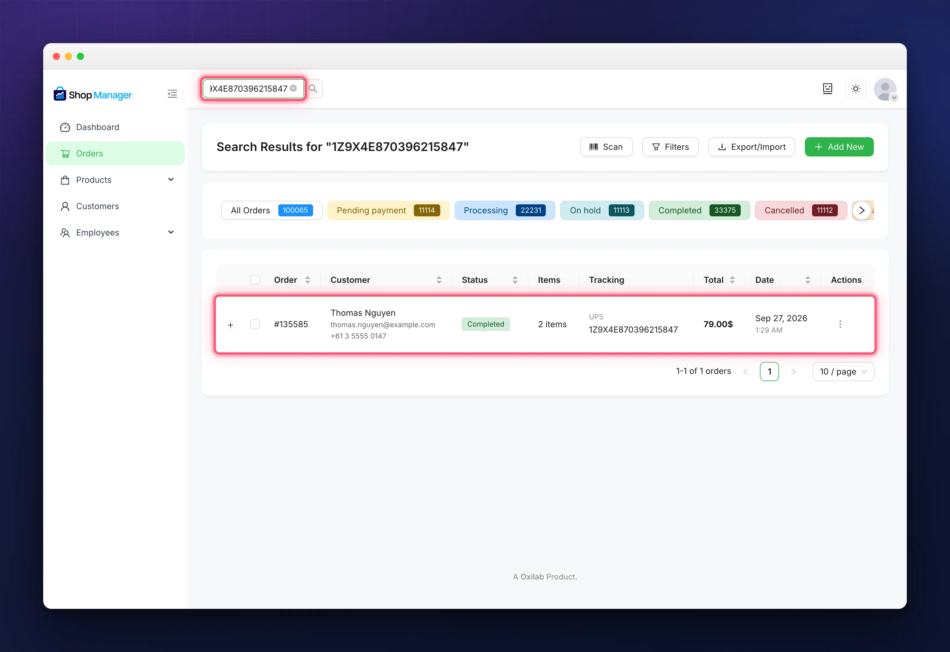 Search order box finding an order by its tracking number