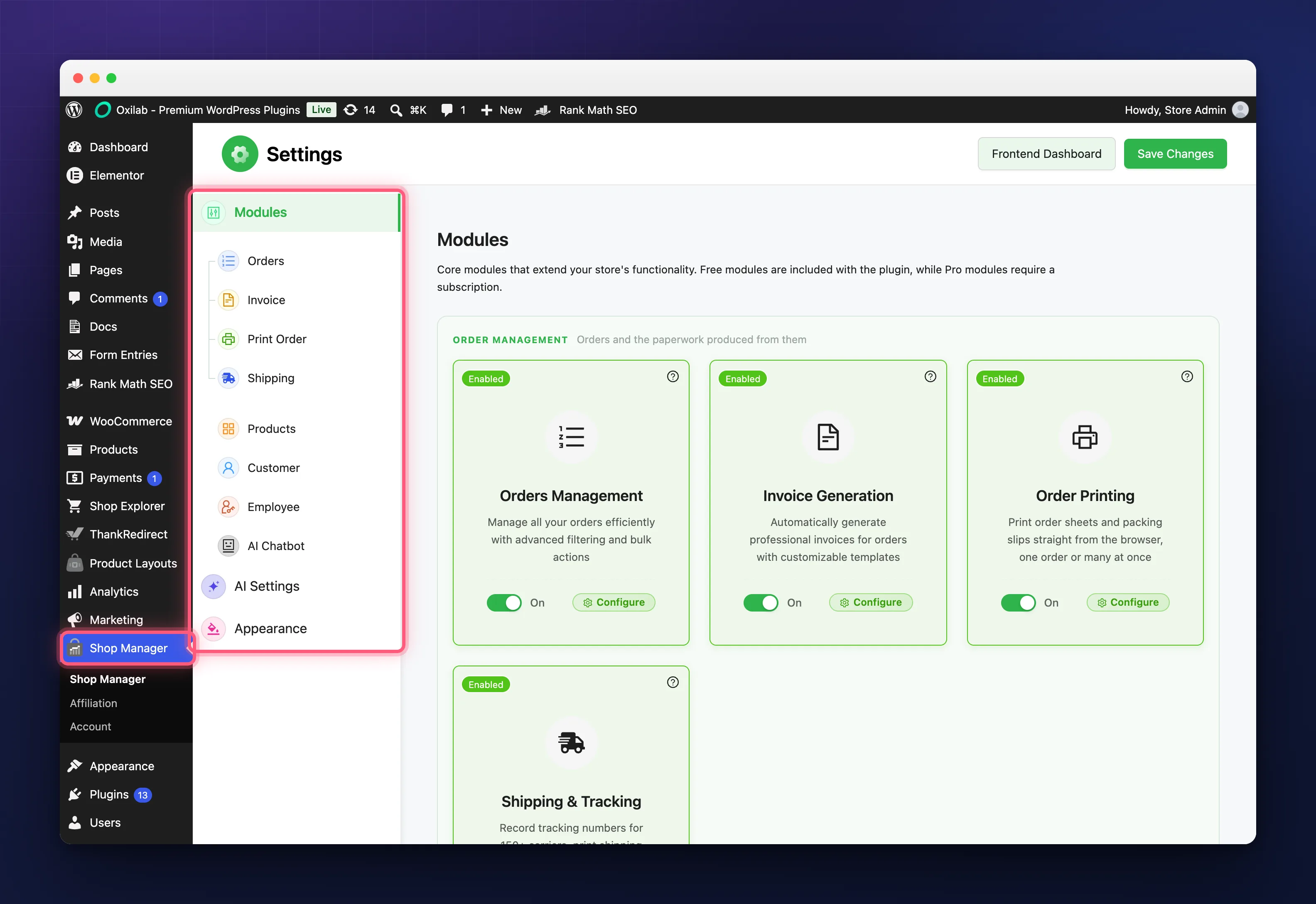The Shop Manager settings page with its eleven tabs listed down the left