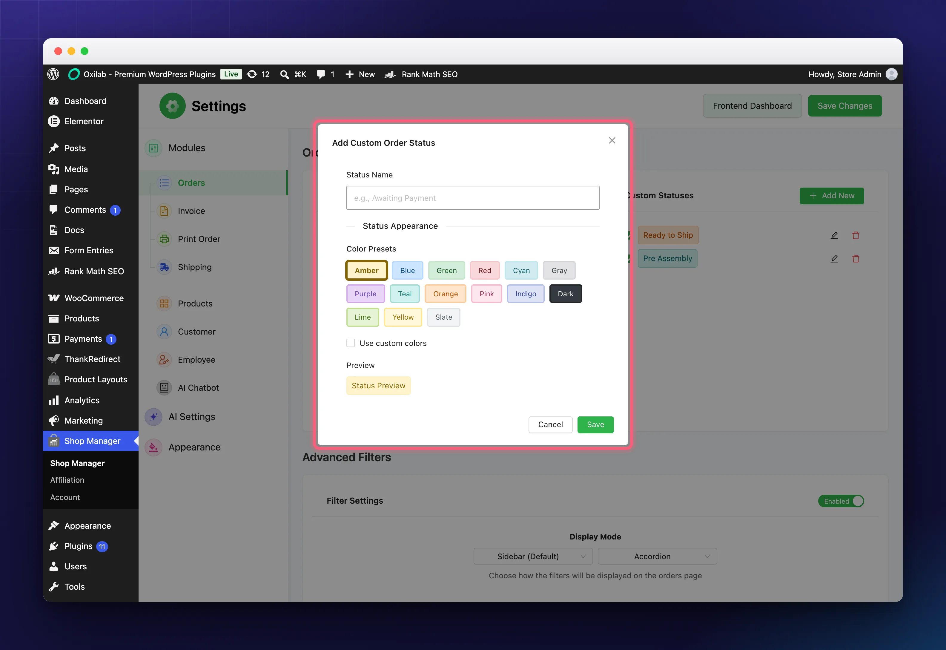The Add Custom Order Status editor with its colour presets and preview