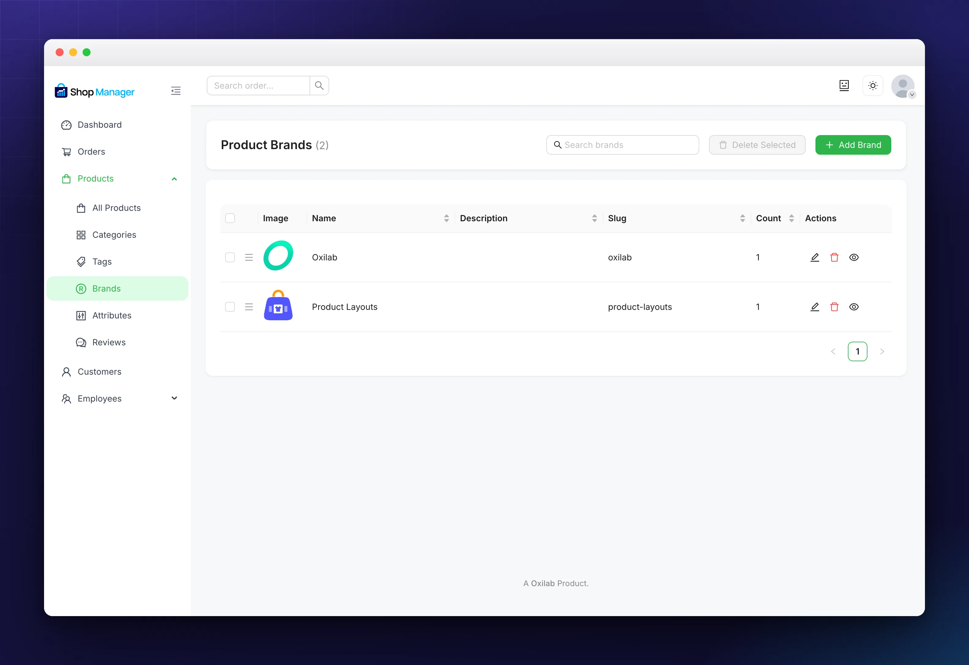 The product brands screen in Shop Manager