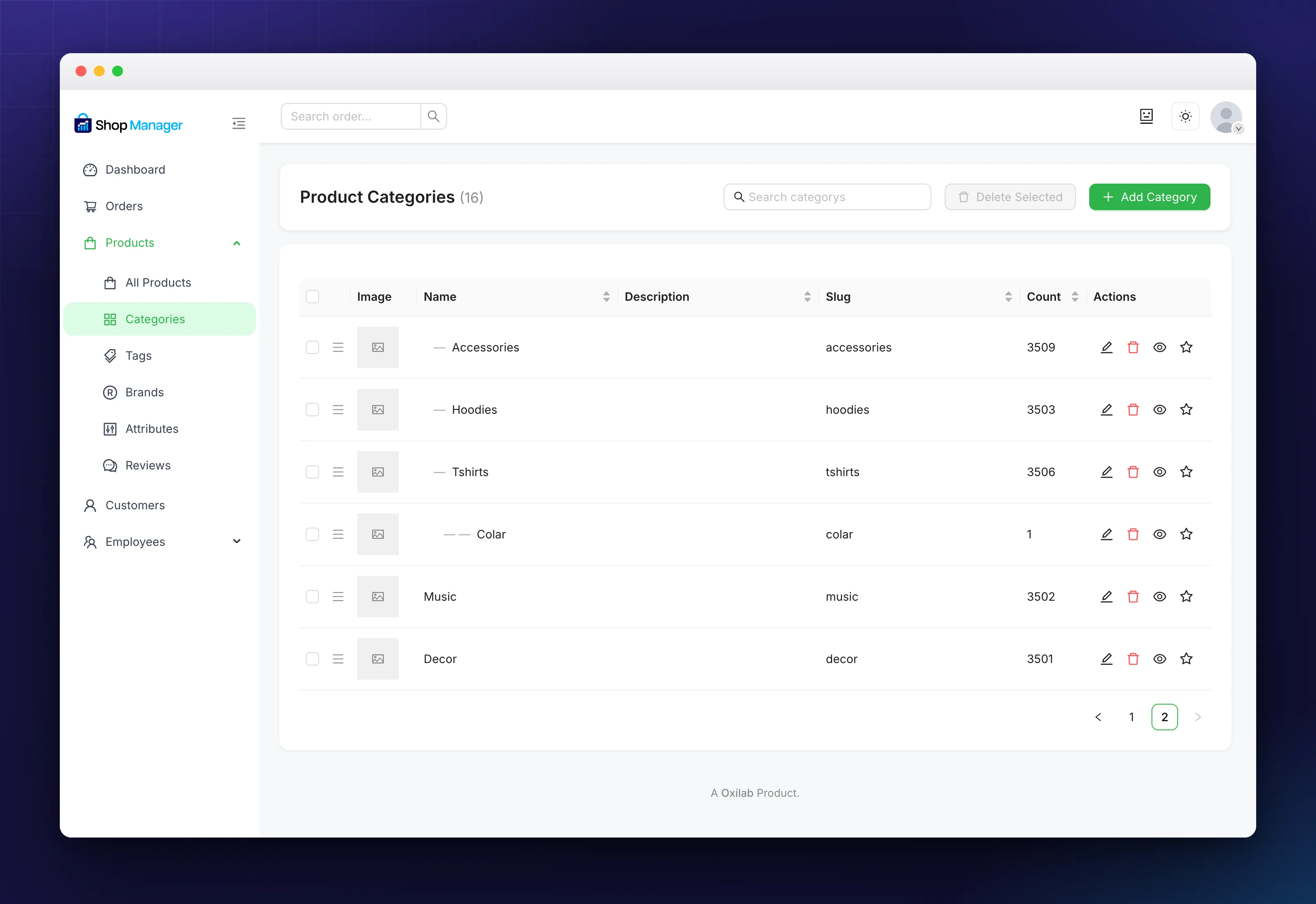 The product categories screen in Shop Manager