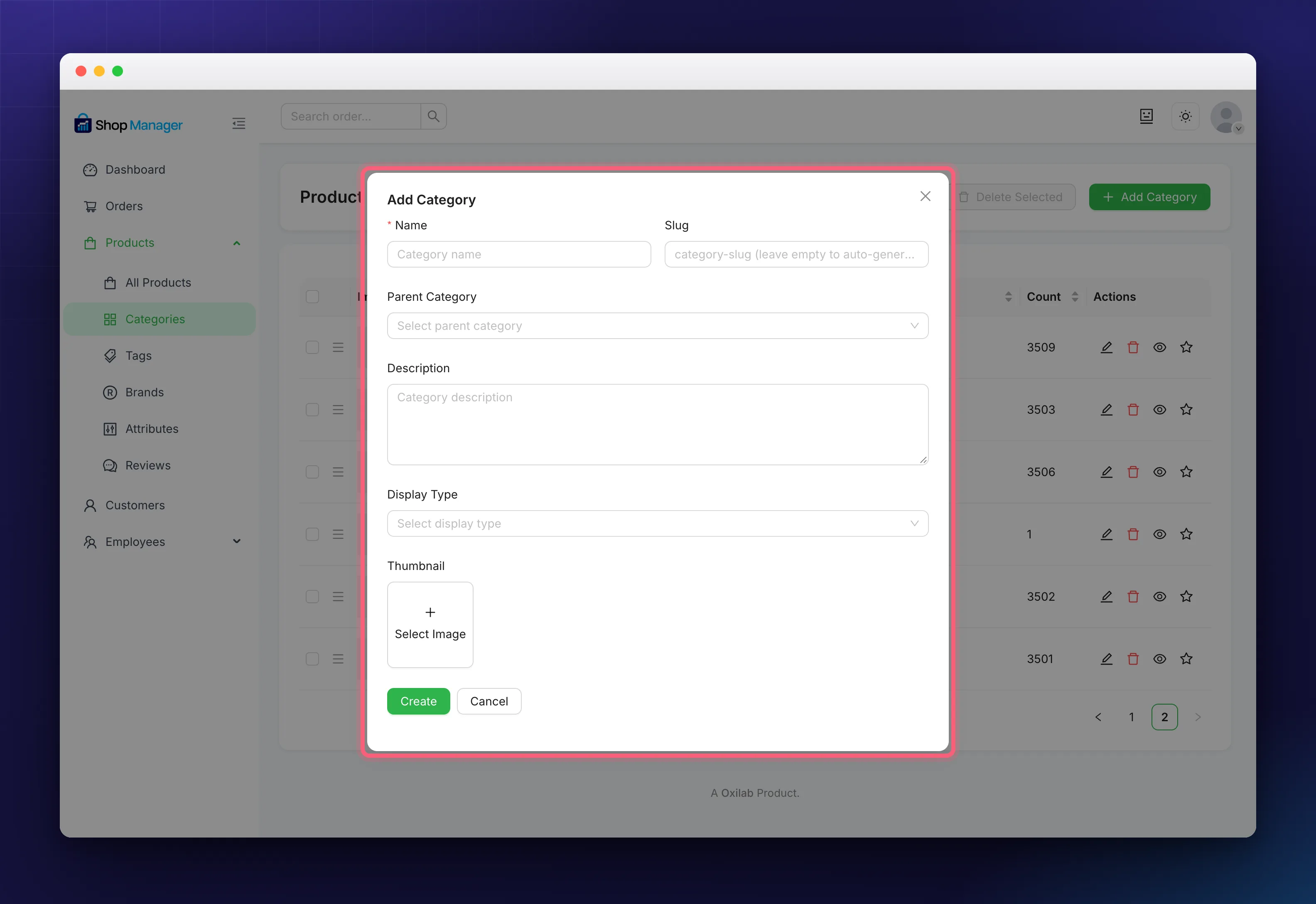 The category form with its name, parent, display type and thumbnail fields