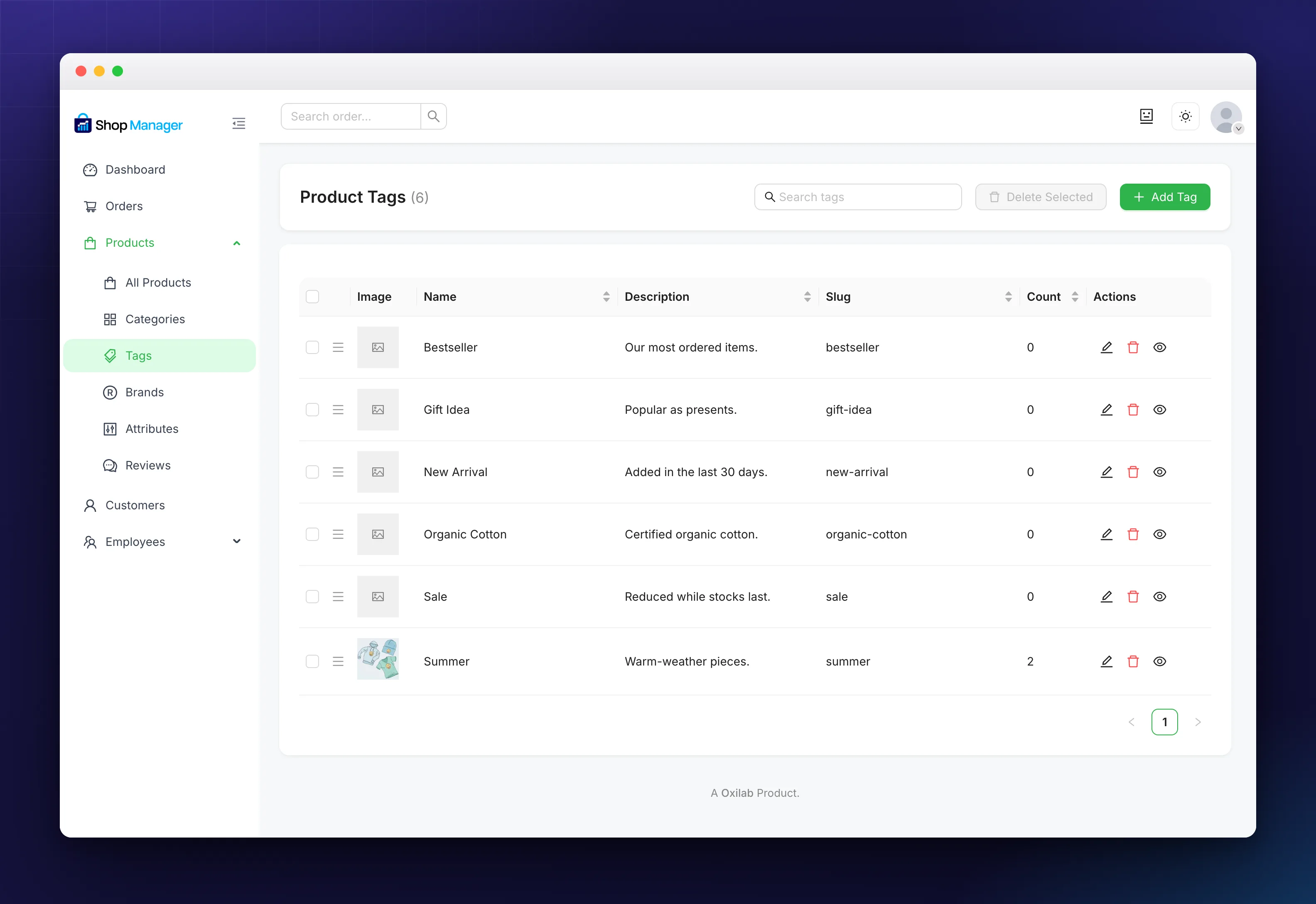 The product tags screen in Shop Manager