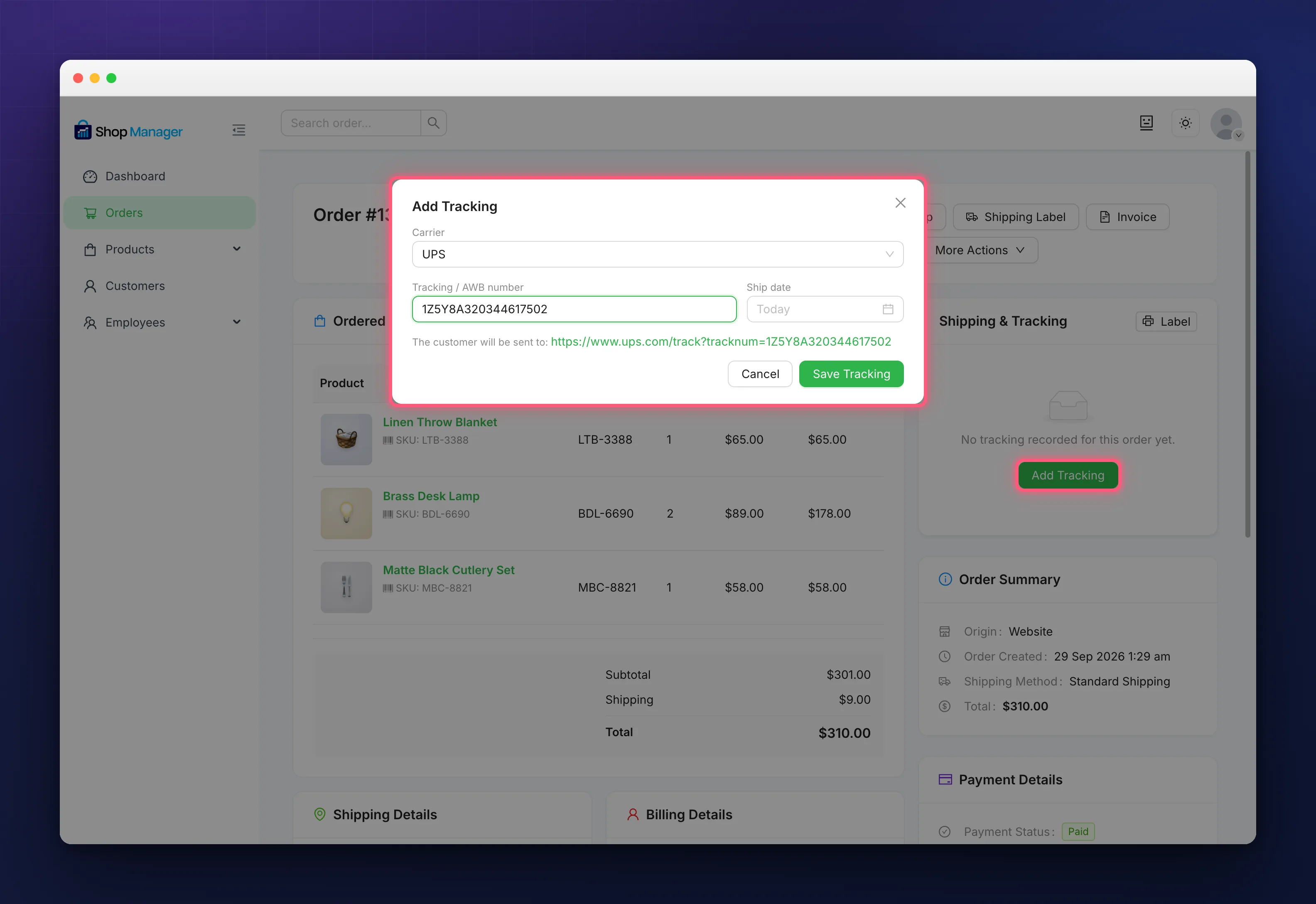 Add Tracking form for WooCommerce order tracking with carrier and tracking number