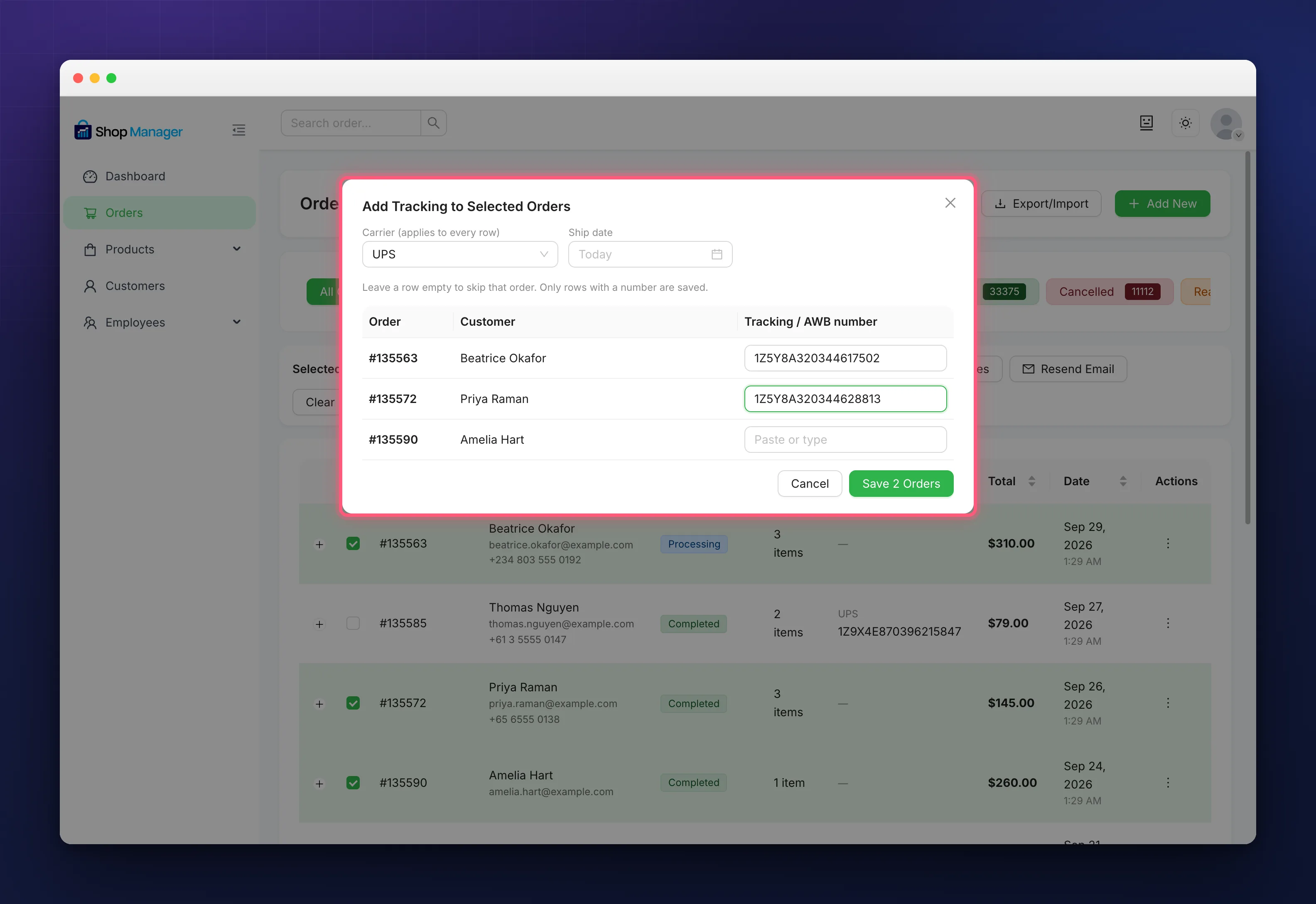 Bulk WooCommerce order tracking form for three selected orders
