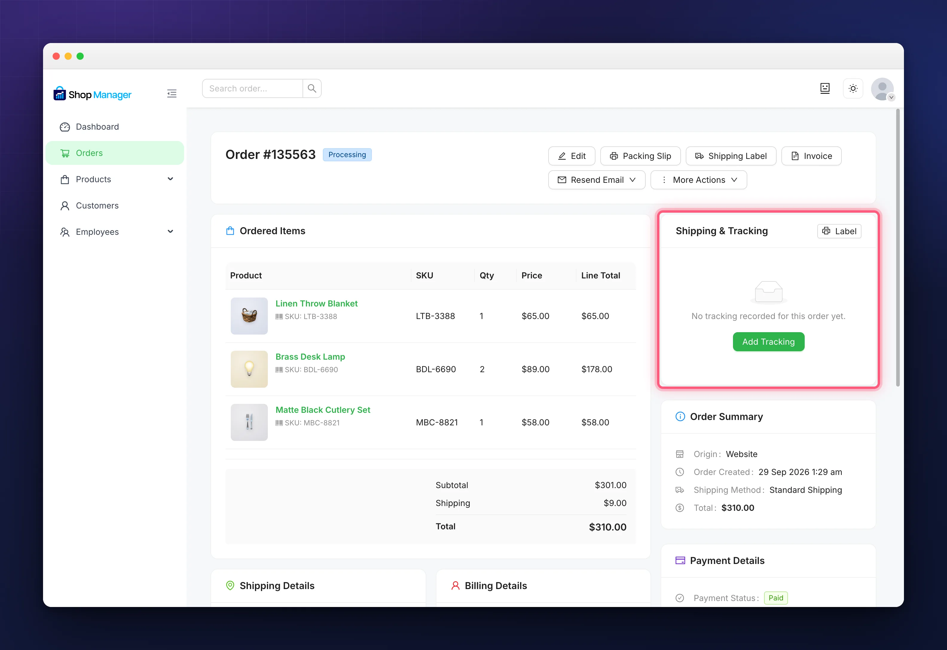WooCommerce order tracking card on an order with no tracking yet