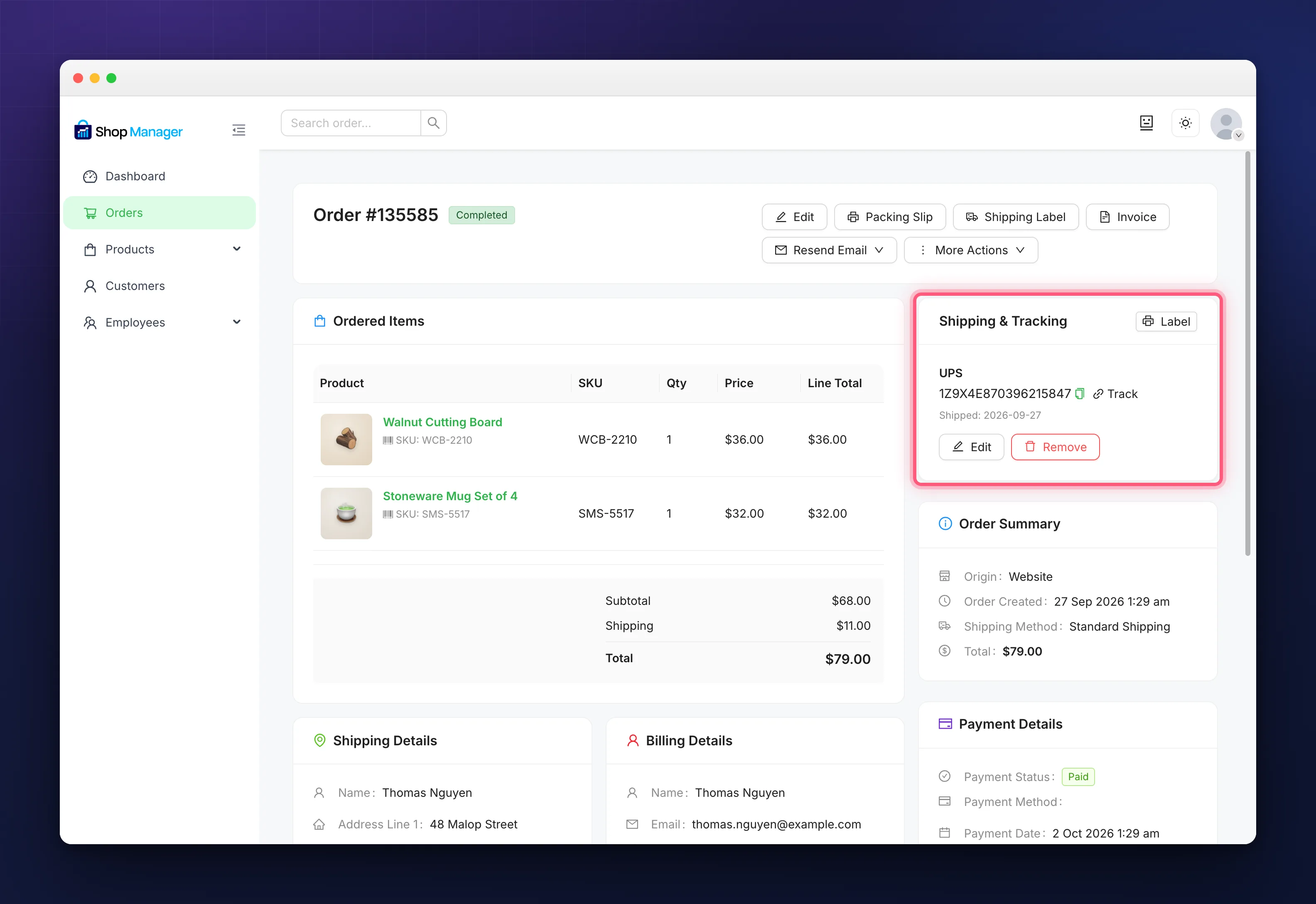 Saved WooCommerce order tracking with UPS number, Track link, Edit and Remove