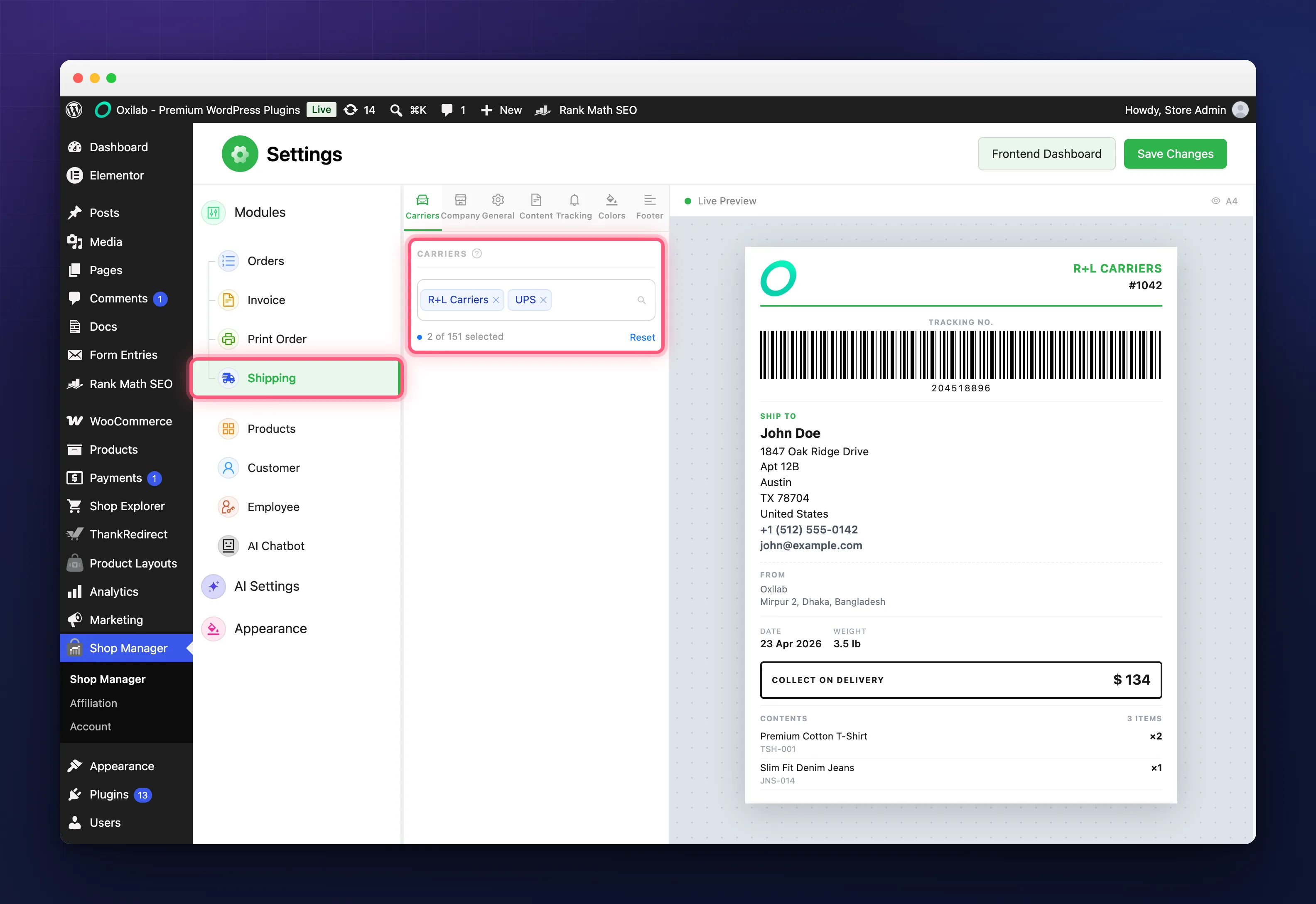 Choose the couriers used for WooCommerce order tracking on the Shipping Carriers tab