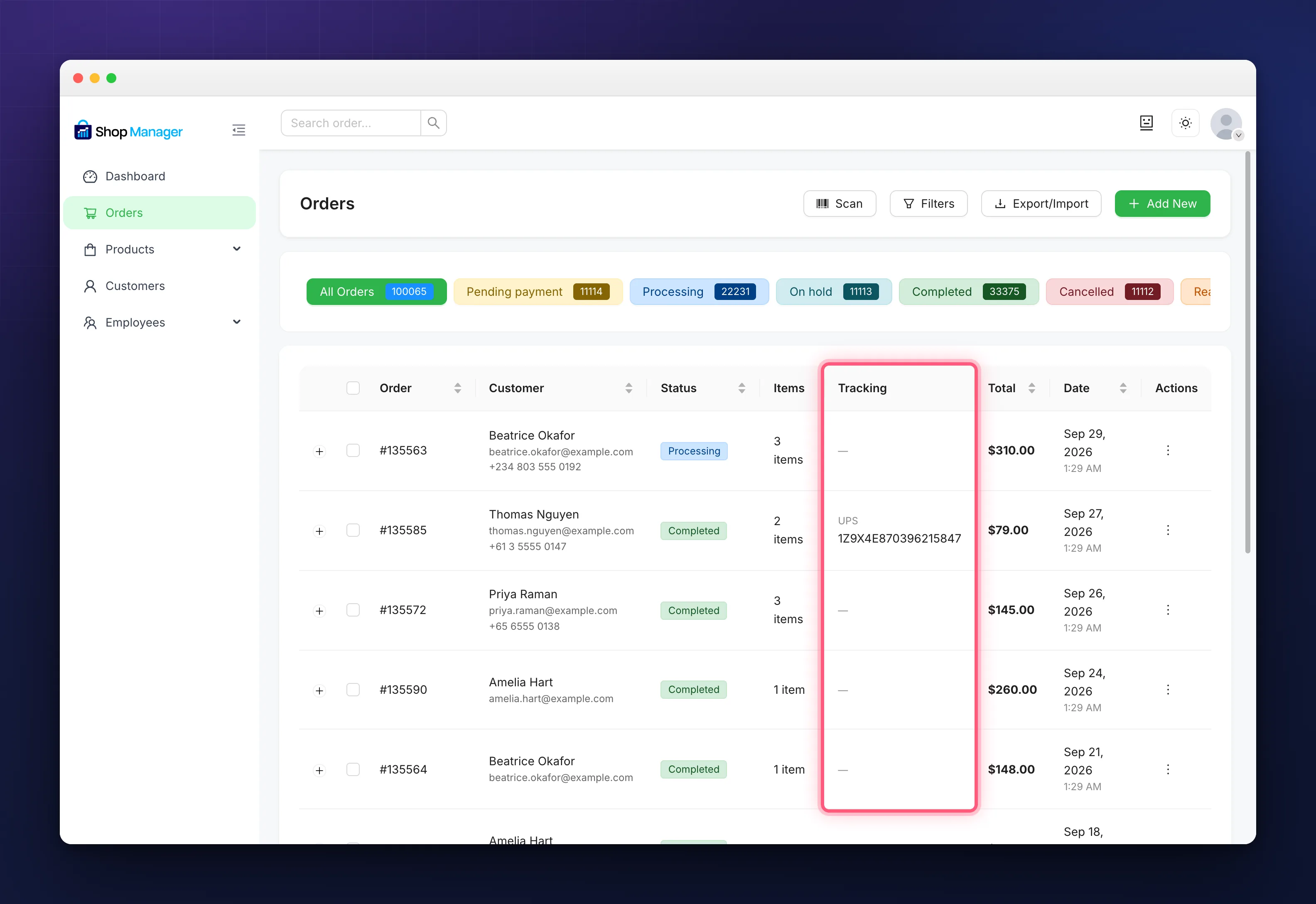 Tracking column on the Orders list showing WooCommerce order tracking numbers